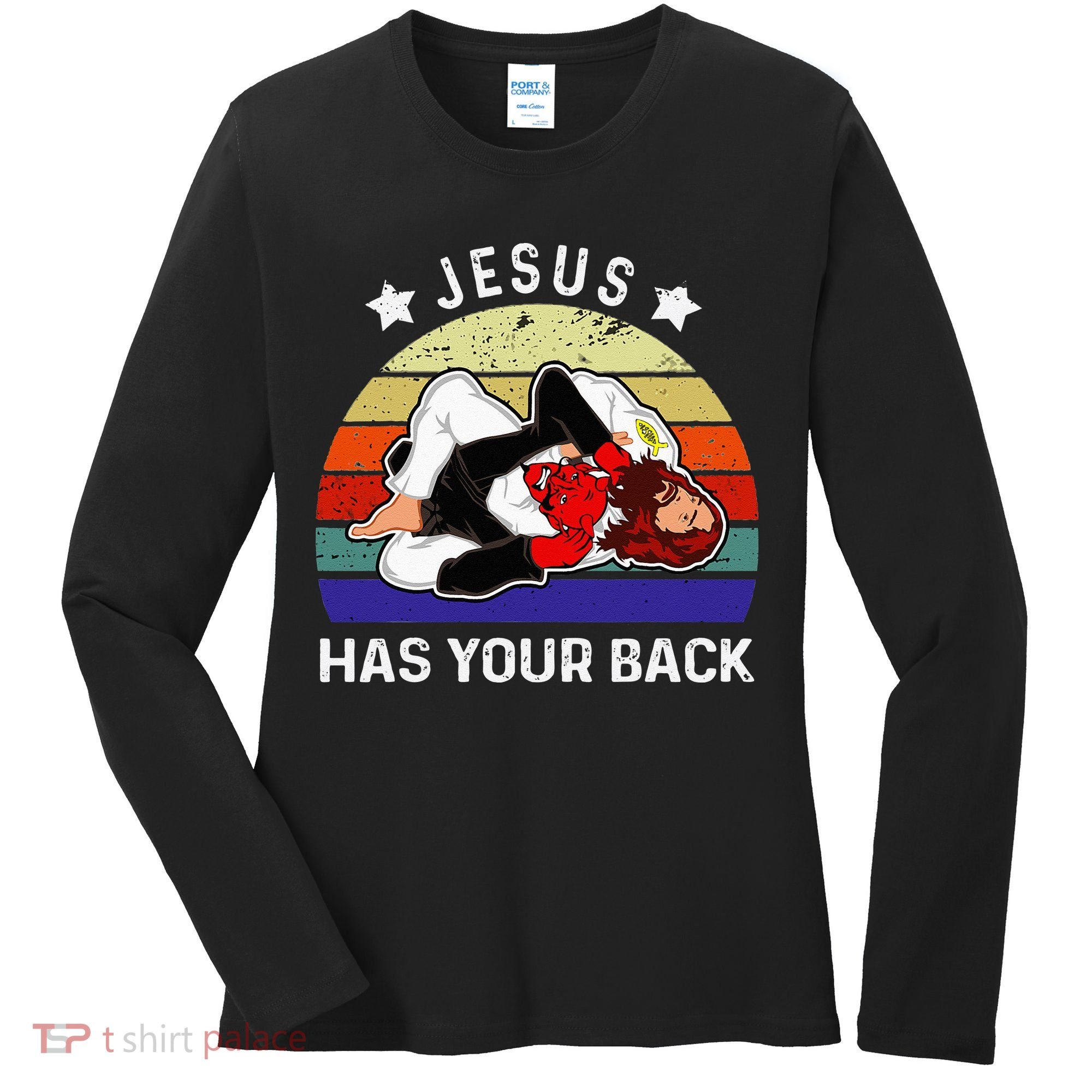 Brazilian Jiu Jitsu Jesus Jesus Has Your Back Women's Long Sleeve Shirt