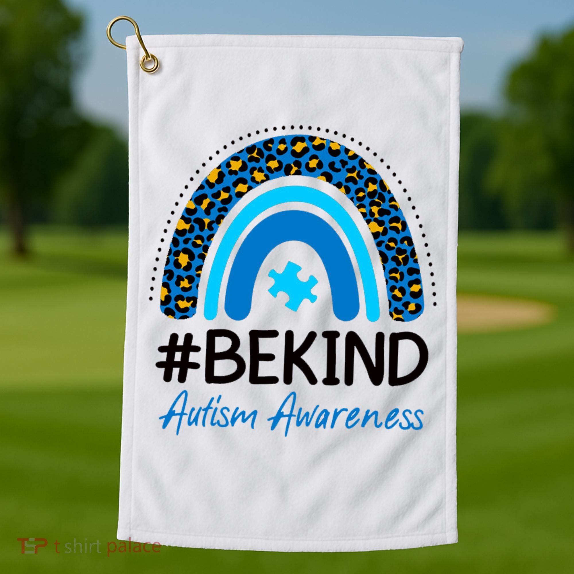 Be Kind Autism Awareness Puzzle Rainbow Golf Towel