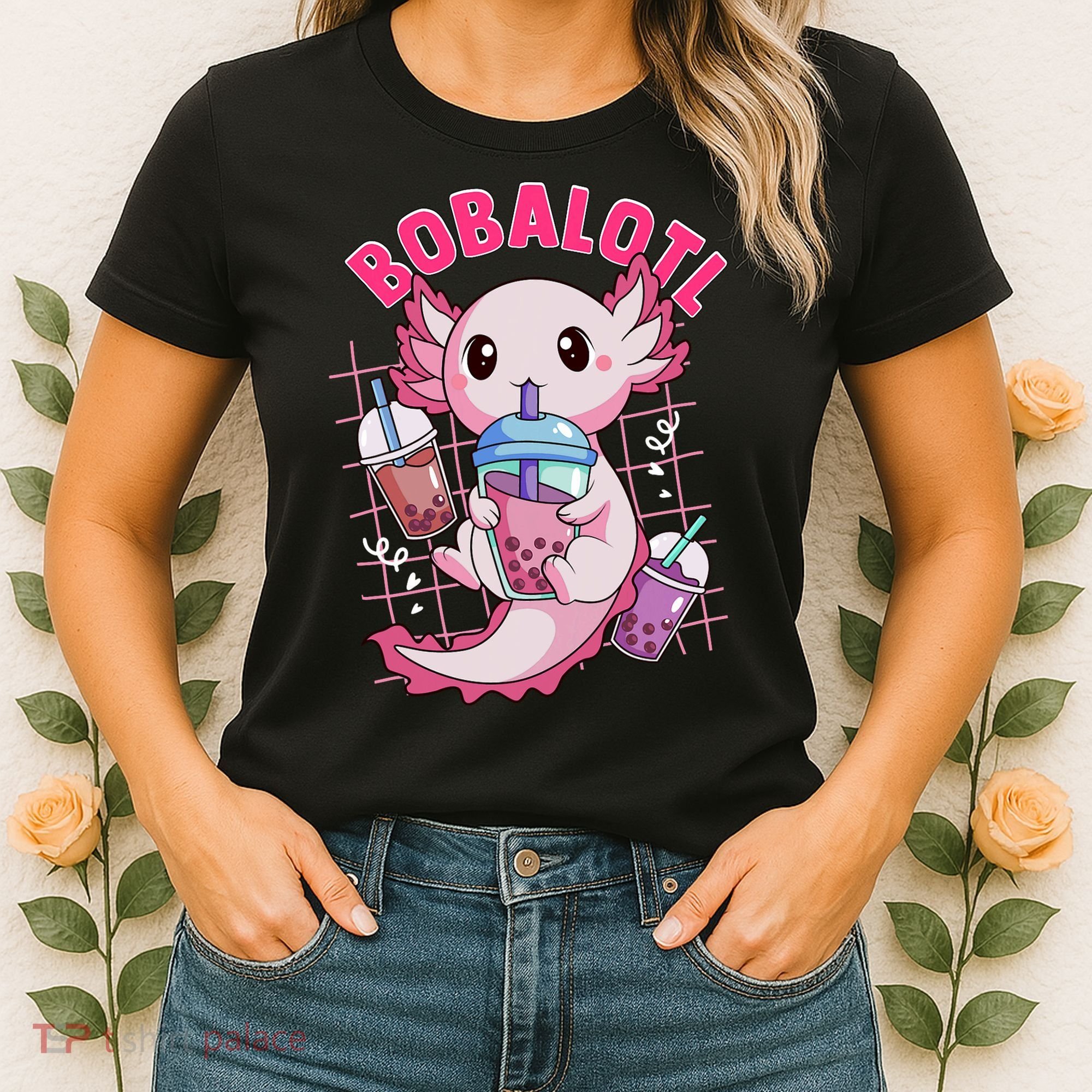 Bobalotl Kawaii Axolotl Drinking Boba Tea Pet Axolotl Lover  Women's T-Shirt