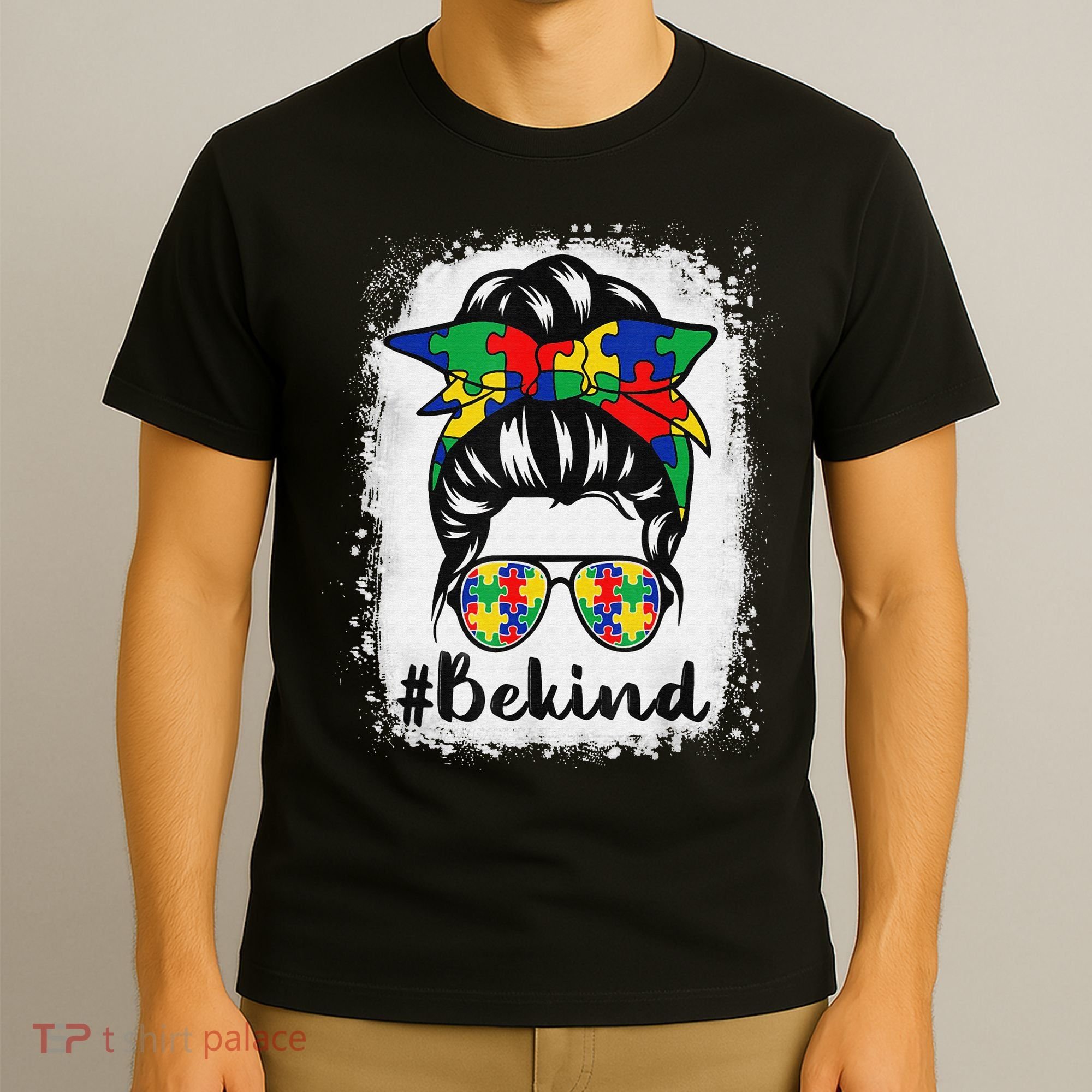 Be Kind Autism Awareness Messy Bun Hair T-Shirt