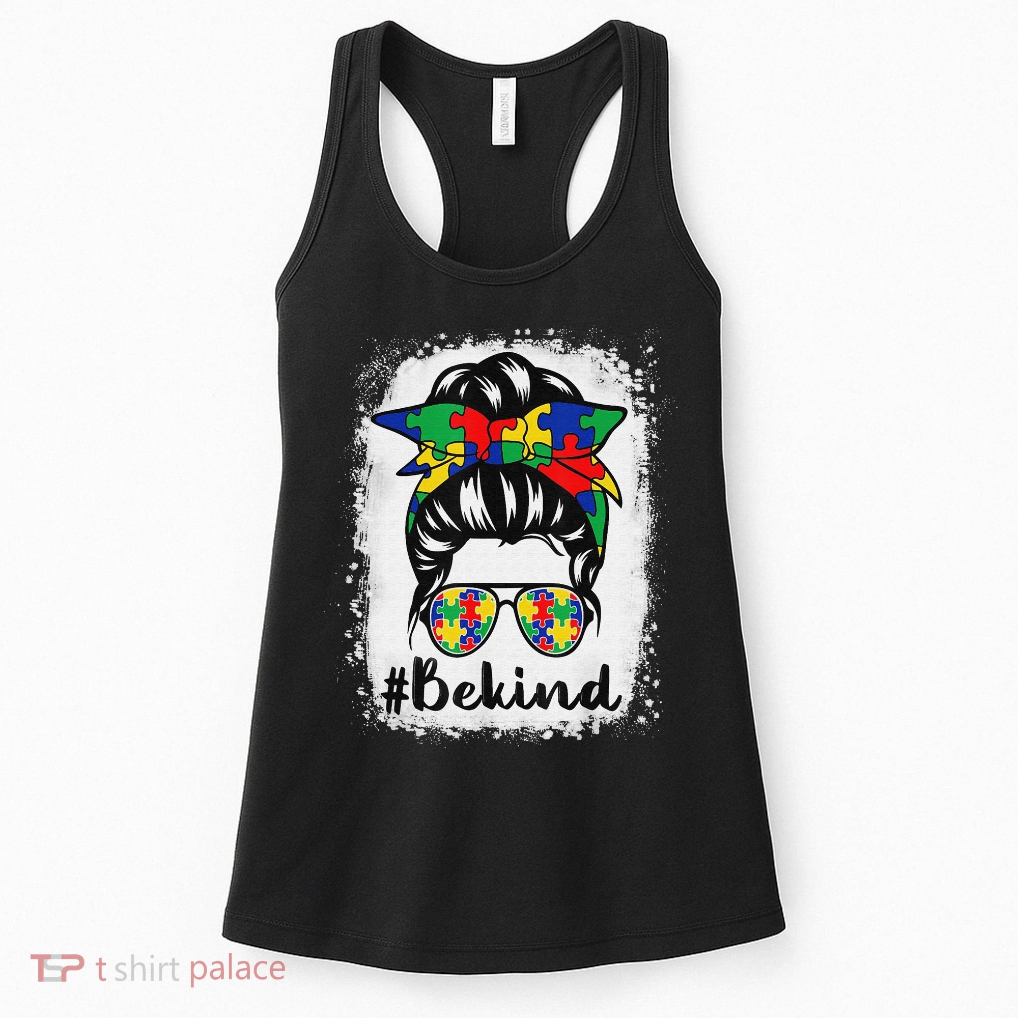 Be Kind Autism Awareness Messy Bun Hair Women's Tank Top