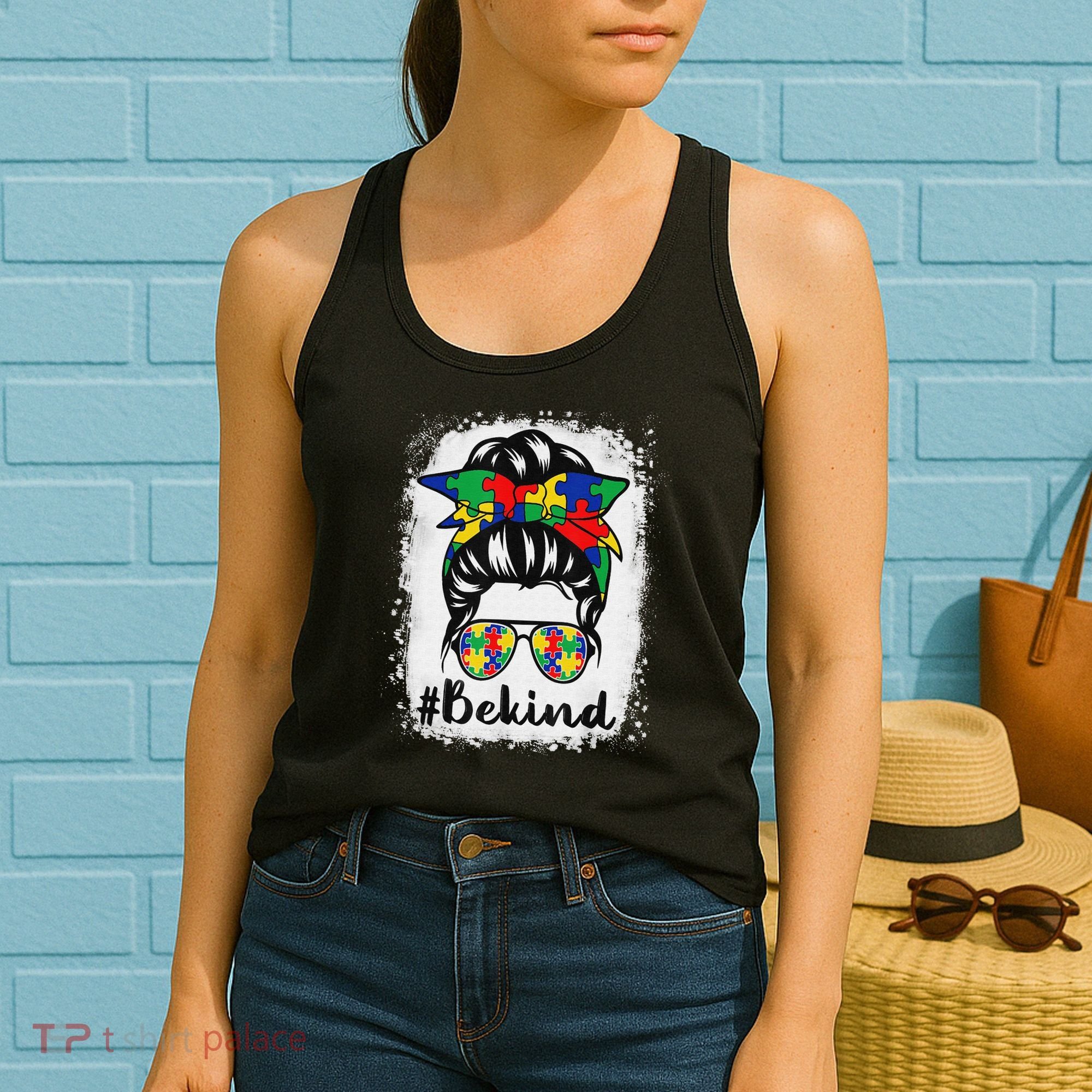 Be Kind Autism Awareness Messy Bun Hair Women's Tank Top