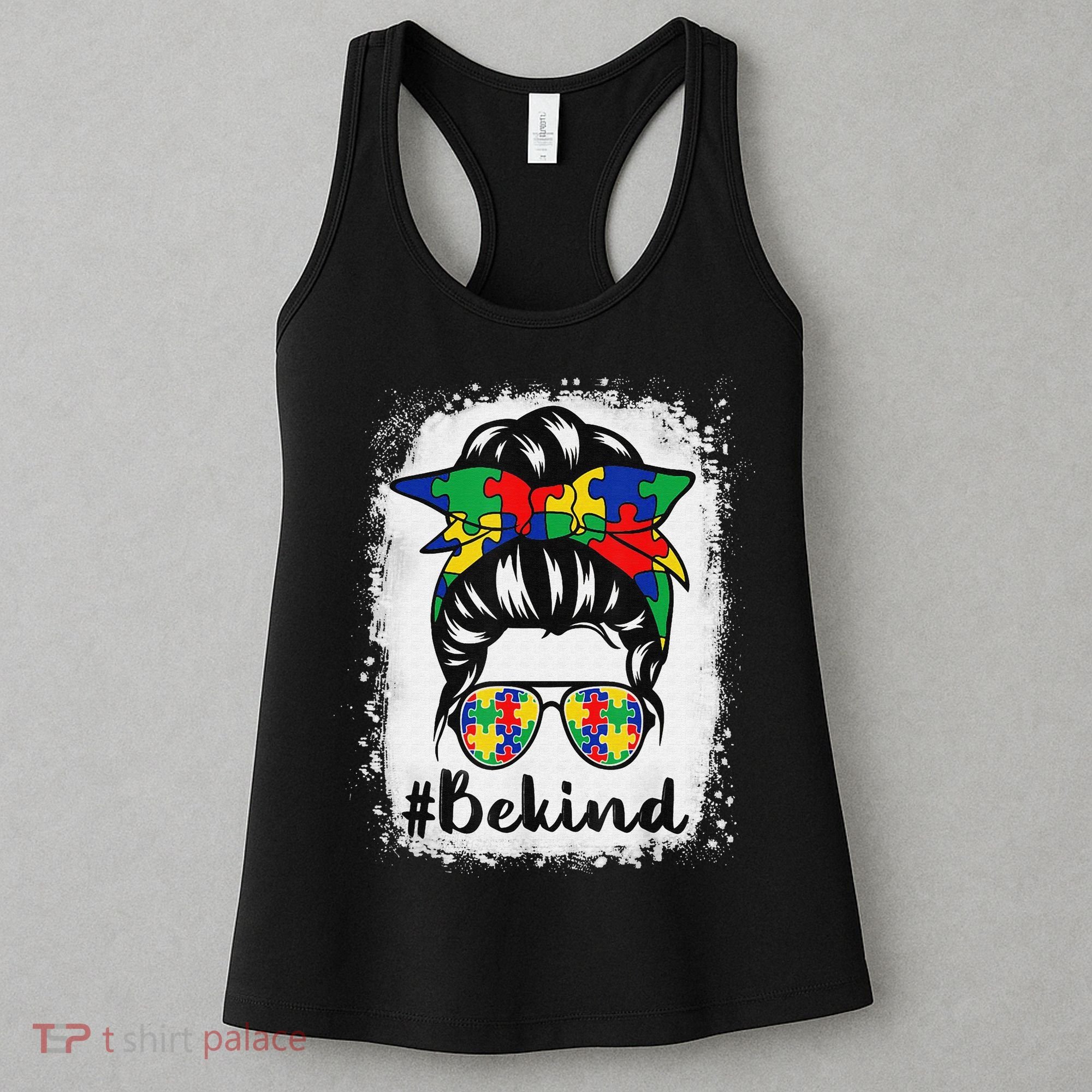 Be Kind Autism Awareness Messy Bun Hair Women's Tank Top