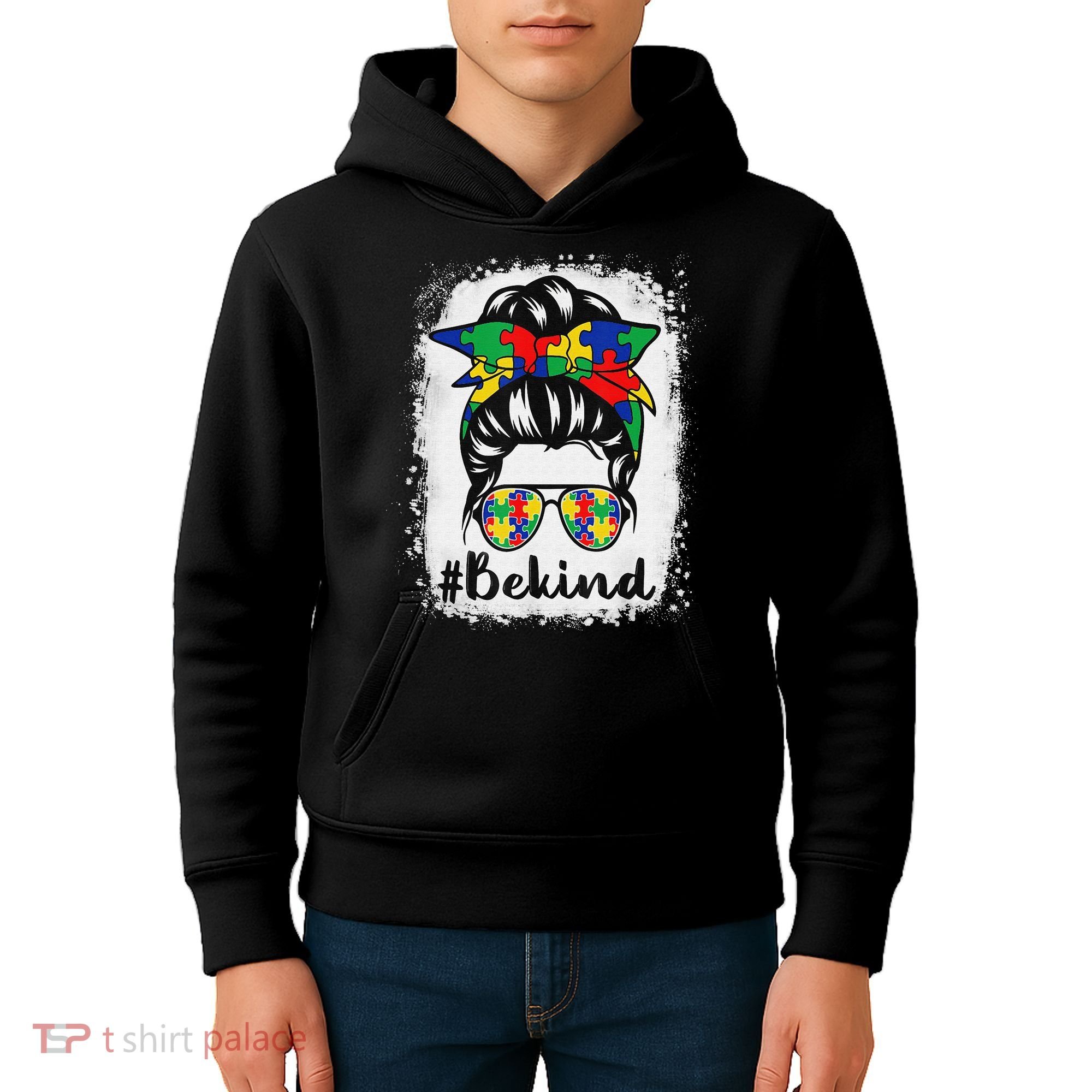Be Kind Autism Awareness Messy Bun Hair Kids Hoodie