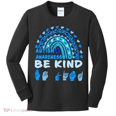 Be Kind Autism Awareness Rainbow Trendy BoHo Rainbow Leopard Print Kids Long Sleeve Shirt