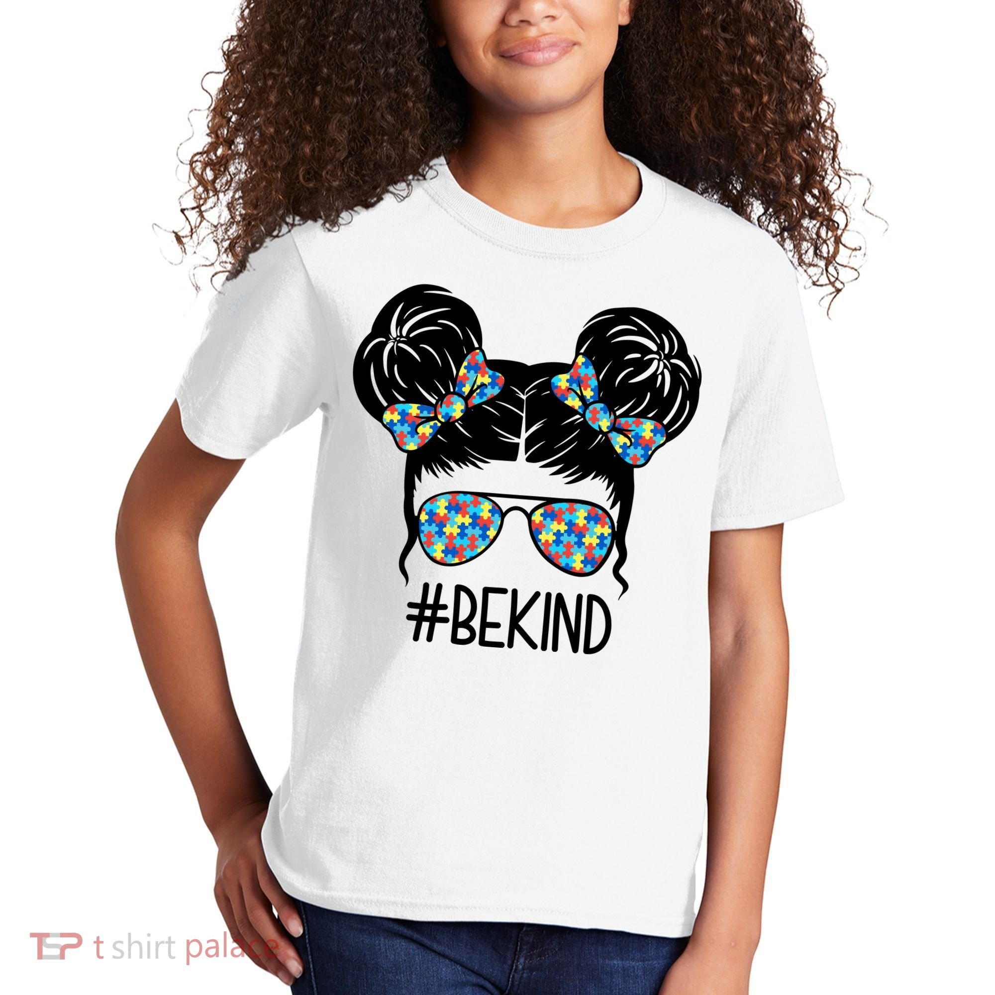 Be Kind Autism Awareness Female Bun Kids T-Shirt