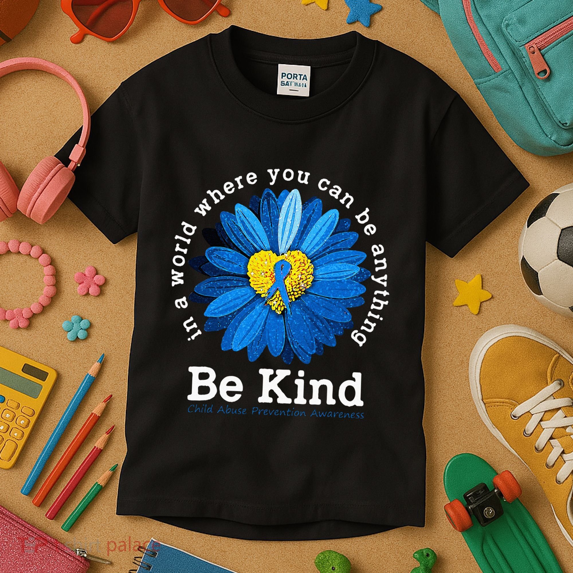 Be Kind Blue Sunflower Child Abuse Prevention Awareness Kids T-Shirt
