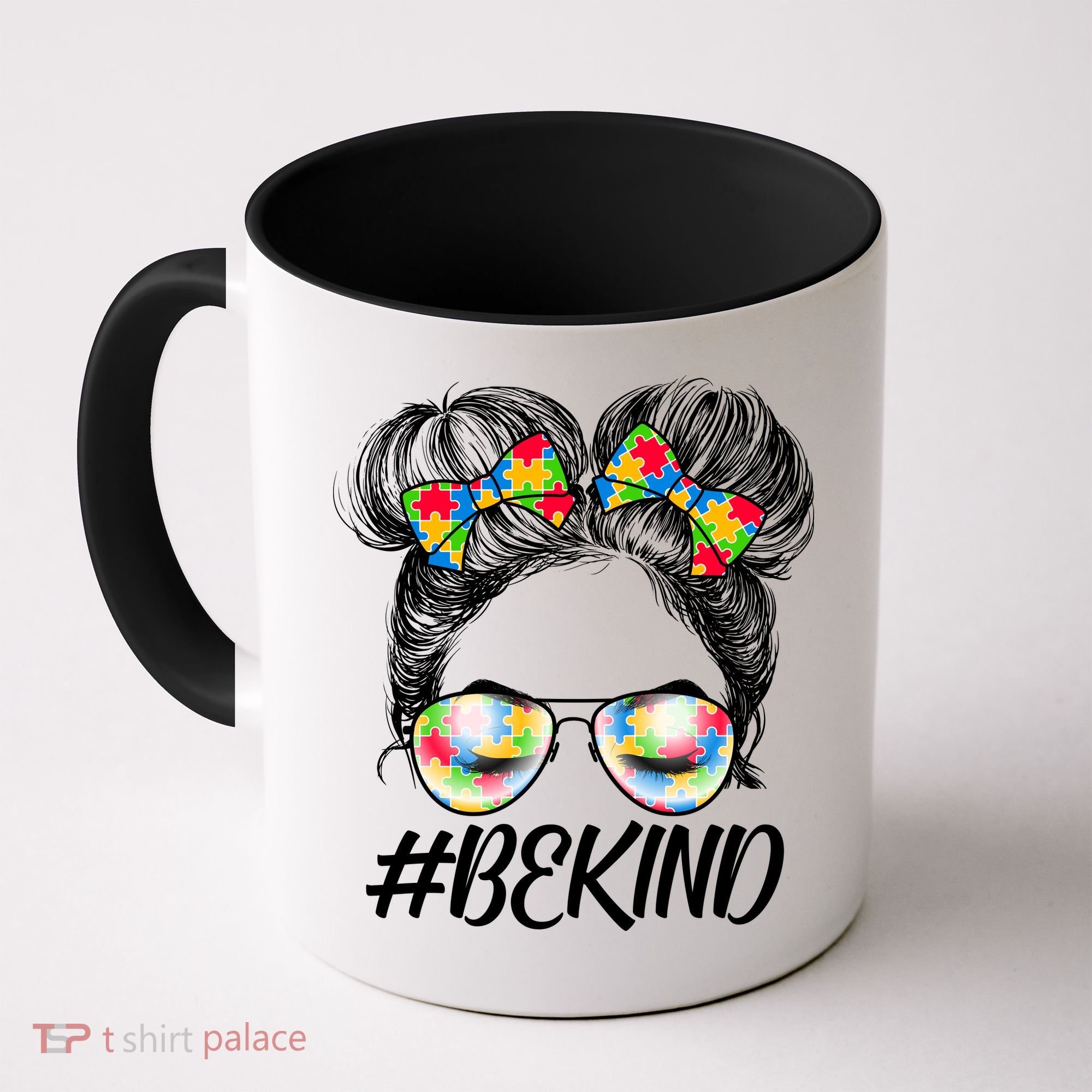 #Be Kind Cute Messy Bun Hair Autism Awareness Coffee Mug