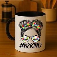 #Be Kind Cute Messy Bun Hair Autism Awareness Coffee Mug thumb 4