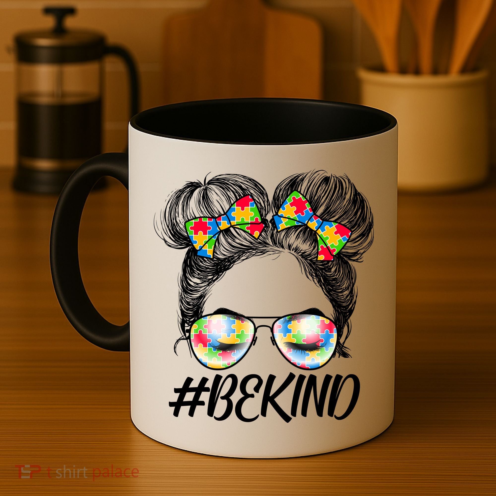 #Be Kind Cute Messy Bun Hair Autism Awareness Coffee Mug