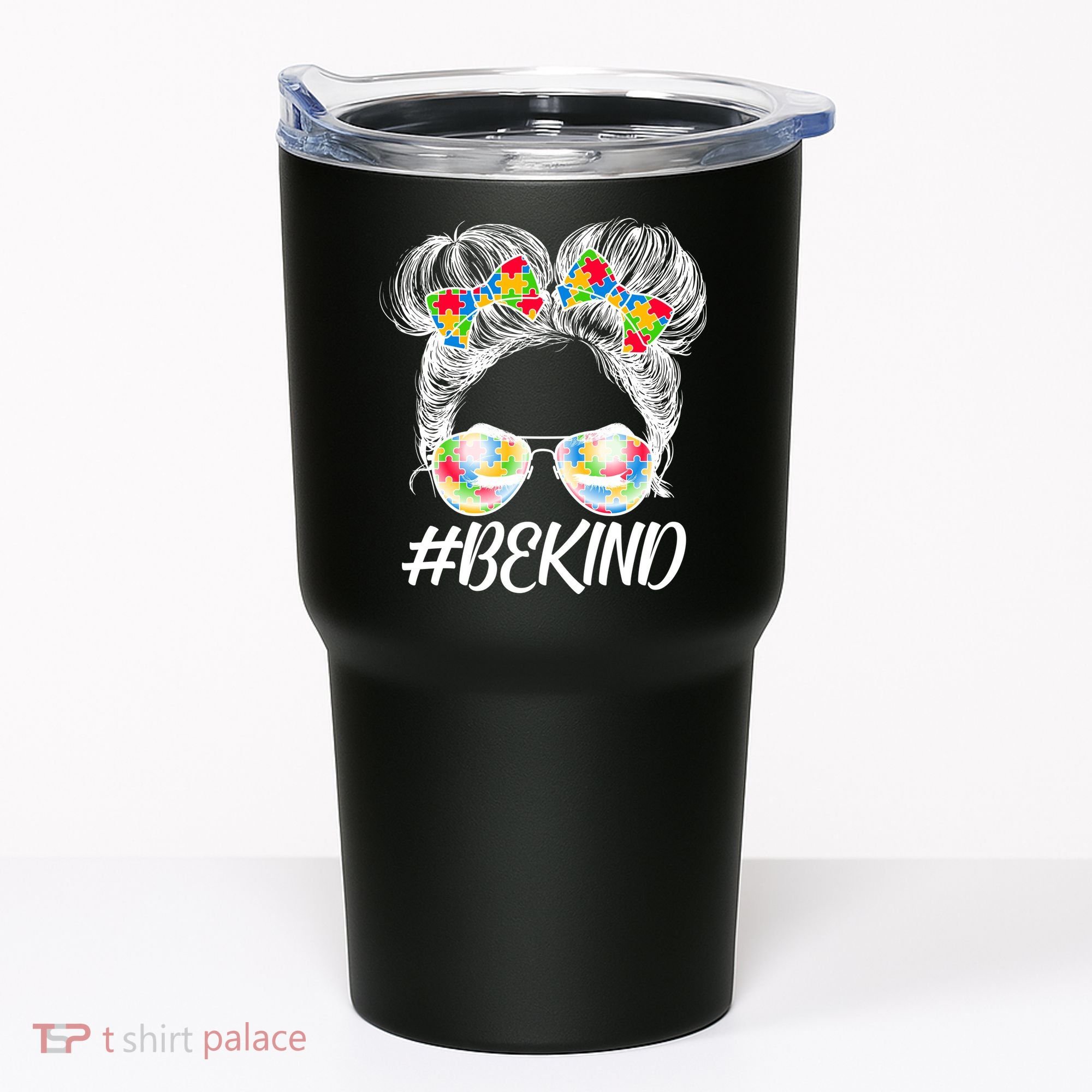 #Be Kind Cute Messy Bun Hair Autism Awareness Tumbler