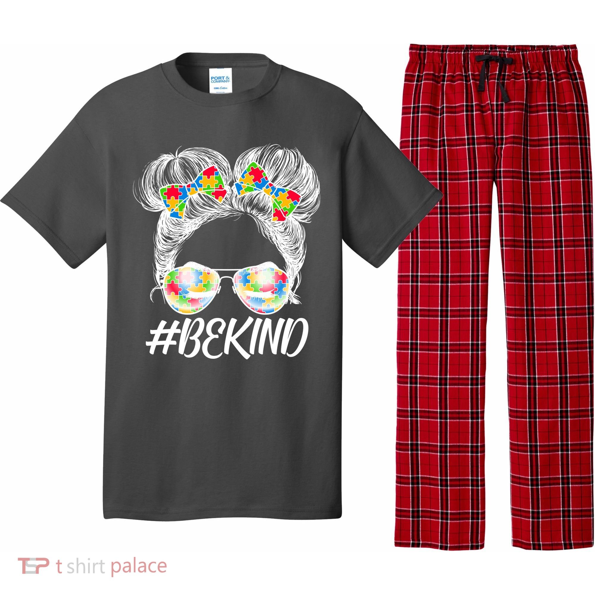 #Be Kind Cute Messy Bun Hair Autism Awareness Pajama Set