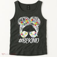 #Be Kind Cute Messy Bun Hair Autism Awareness Tank Top thumb 2