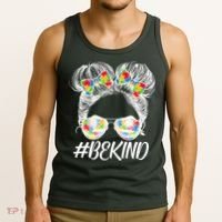 #Be Kind Cute Messy Bun Hair Autism Awareness Tank Top thumb 3