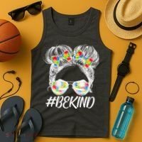 #Be Kind Cute Messy Bun Hair Autism Awareness Tank Top thumb 4