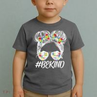 #Be Kind Cute Messy Bun Hair Autism Awareness Toddler T-Shirt thumb 2