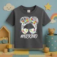#Be Kind Cute Messy Bun Hair Autism Awareness Toddler T-Shirt thumb 3
