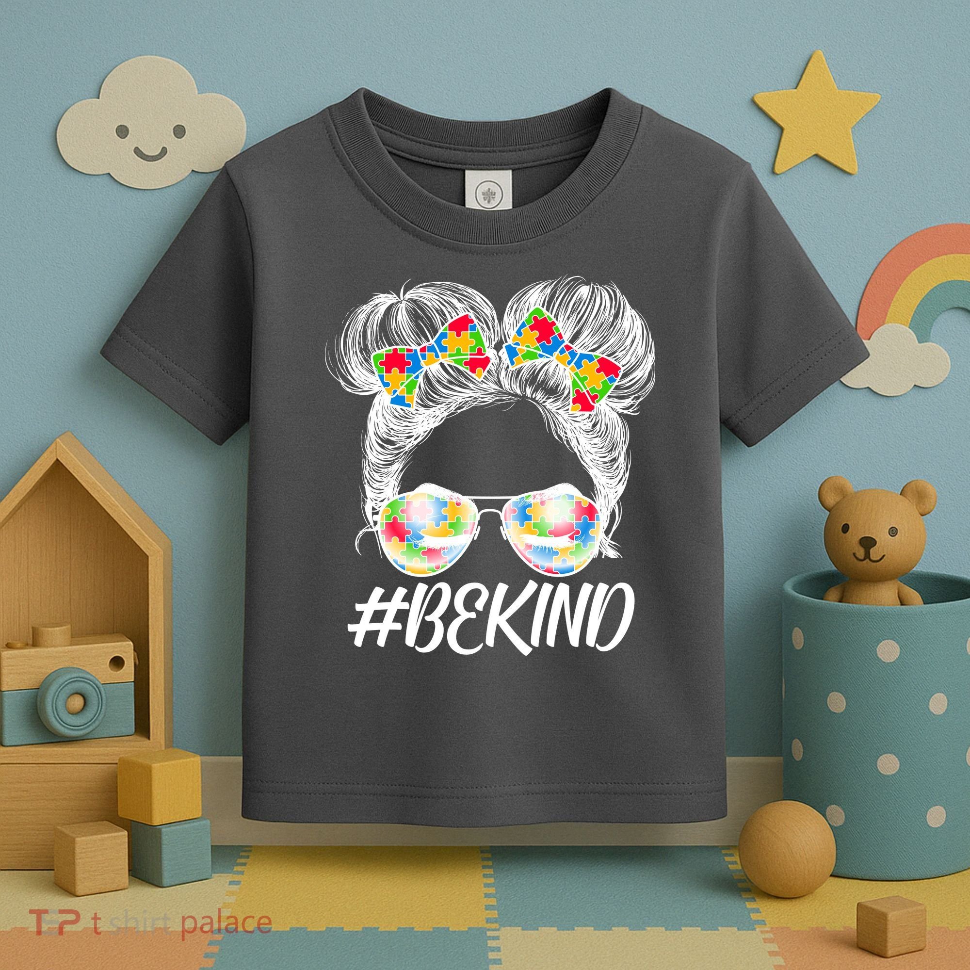 #Be Kind Cute Messy Bun Hair Autism Awareness Toddler T-Shirt