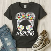 #Be Kind Cute Messy Bun Hair Autism Awareness Women's T-Shirt thumb 3