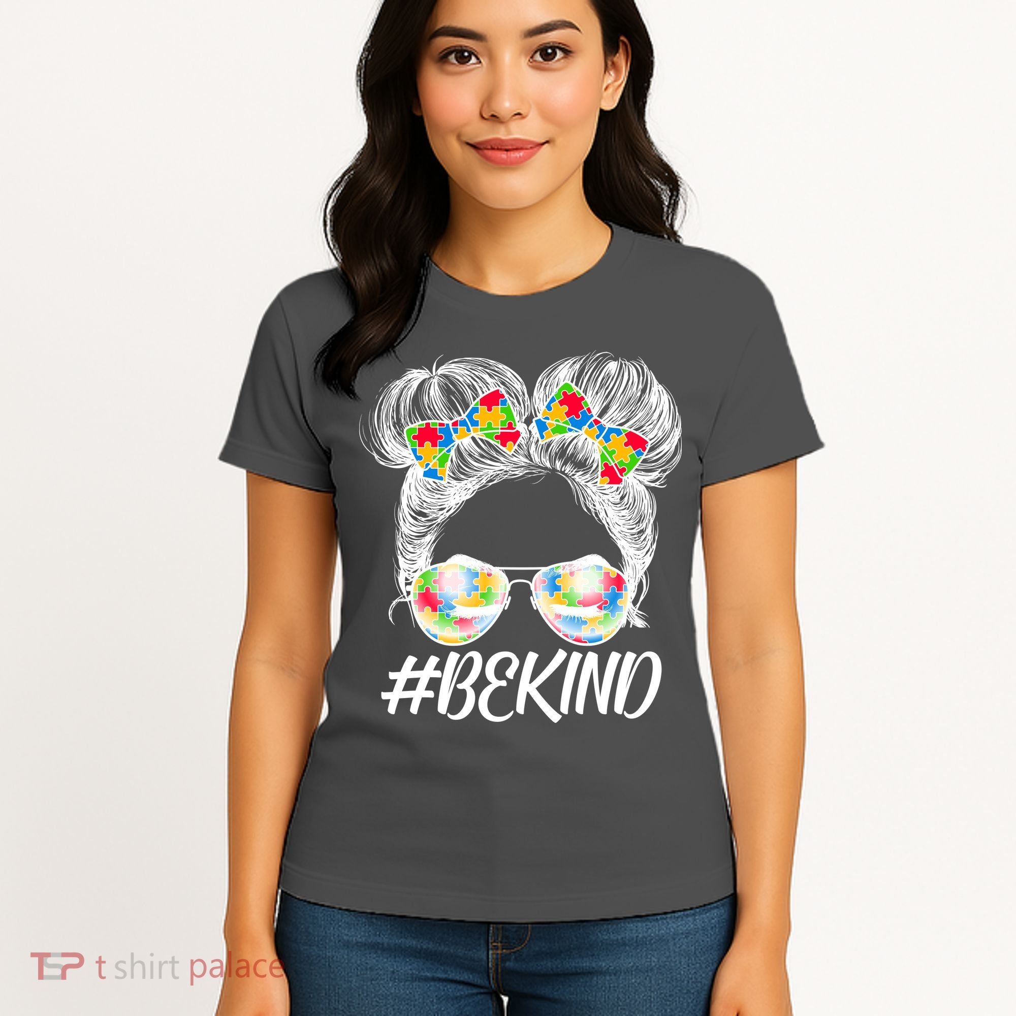 #Be Kind Cute Messy Bun Hair Autism Awareness Women's T-Shirt