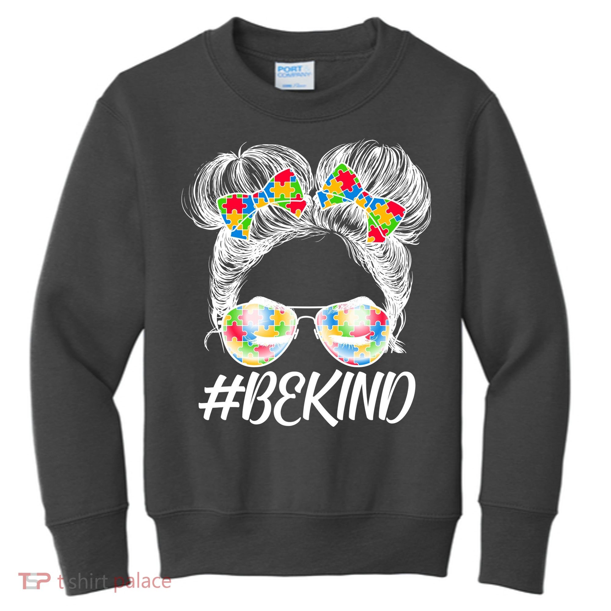 #Be Kind Cute Messy Bun Hair Autism Awareness Kids Sweatshirt