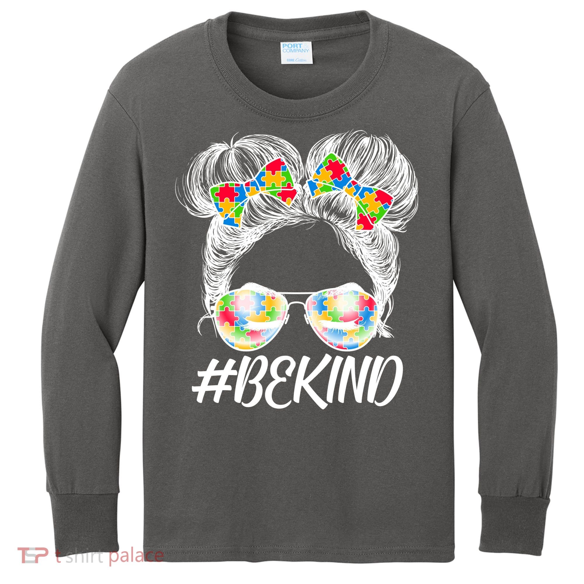 #Be Kind Cute Messy Bun Hair Autism Awareness Kids Long Sleeve Shirt
