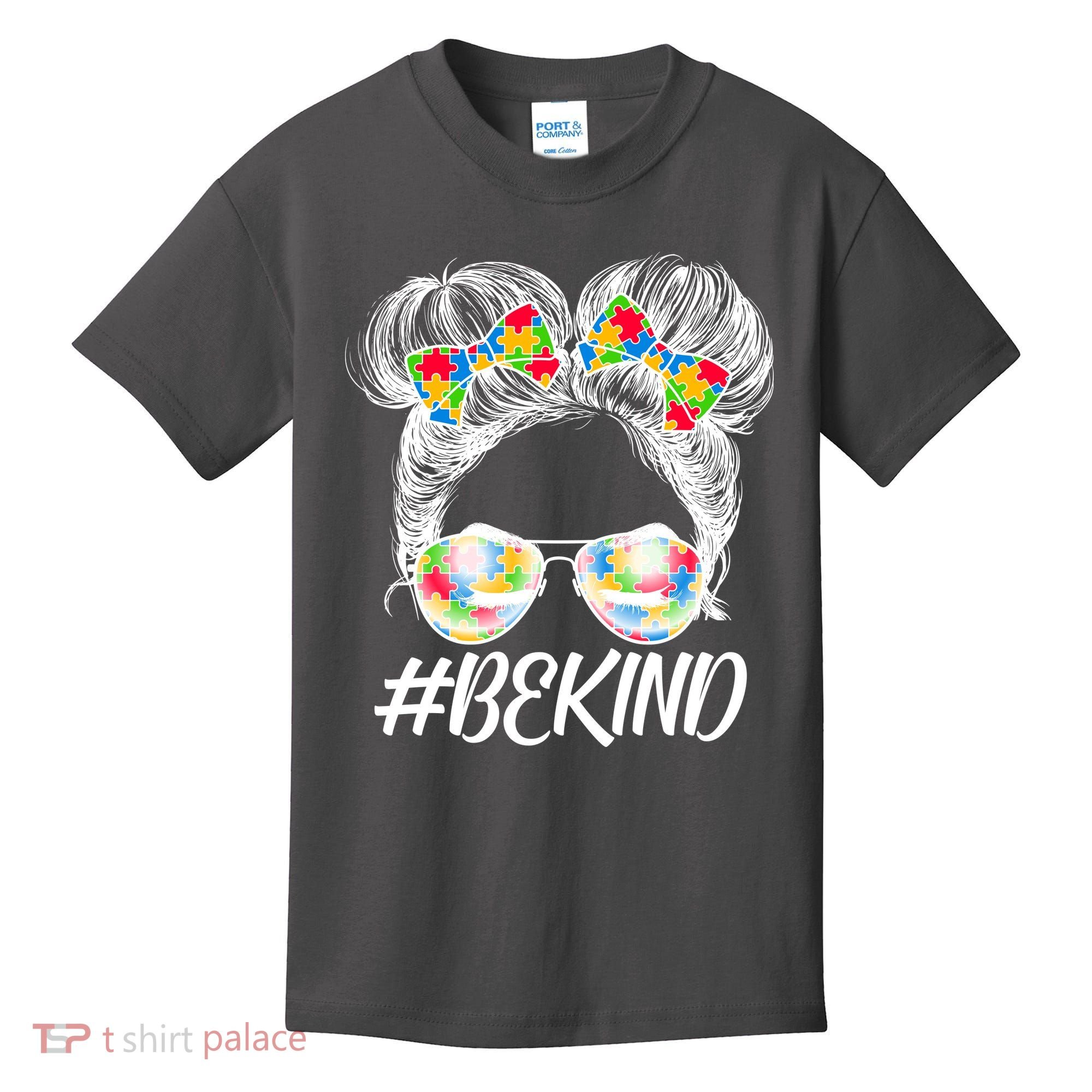 #Be Kind Cute Messy Bun Hair Autism Awareness Kids T-Shirt