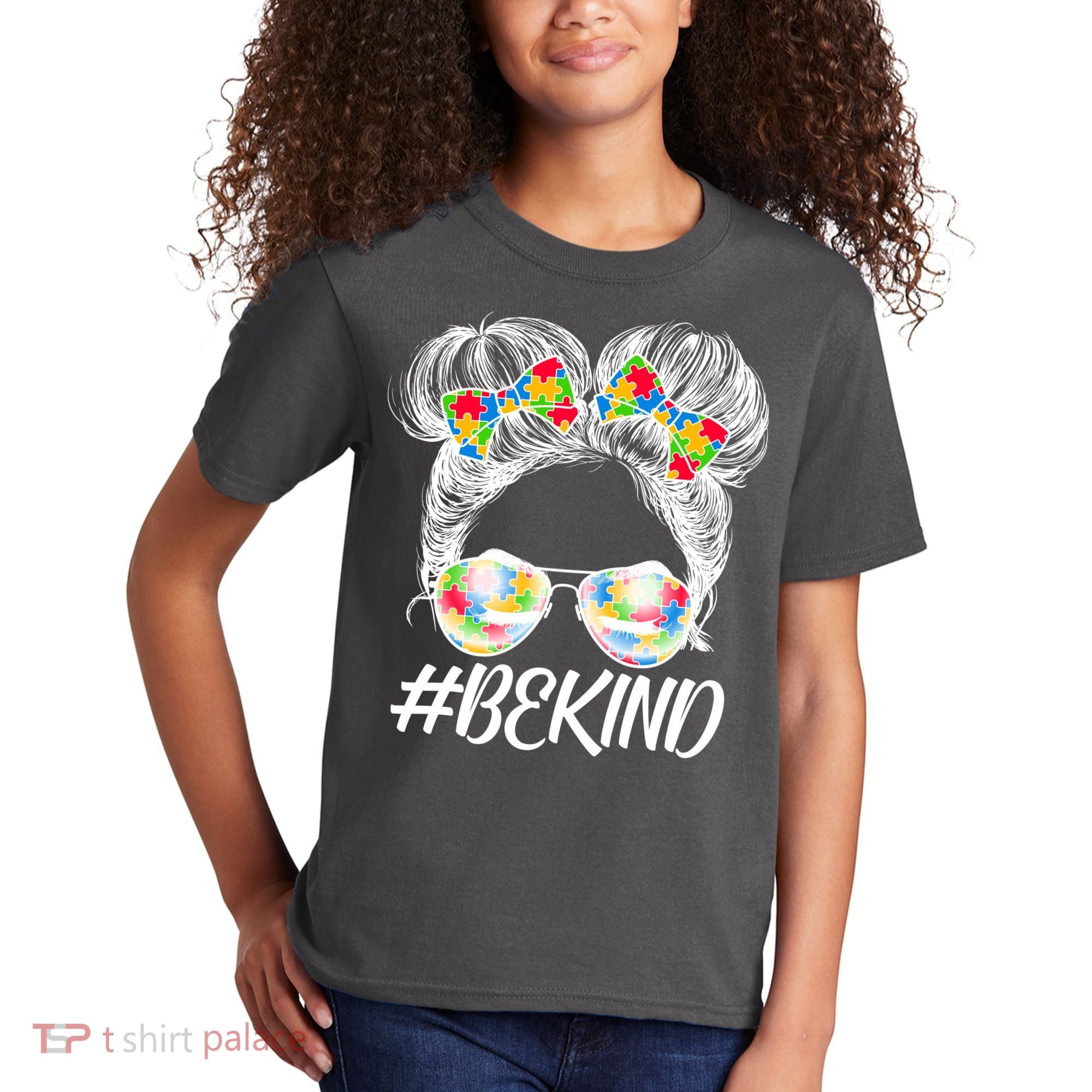 #Be Kind Cute Messy Bun Hair Autism Awareness Kids T-Shirt