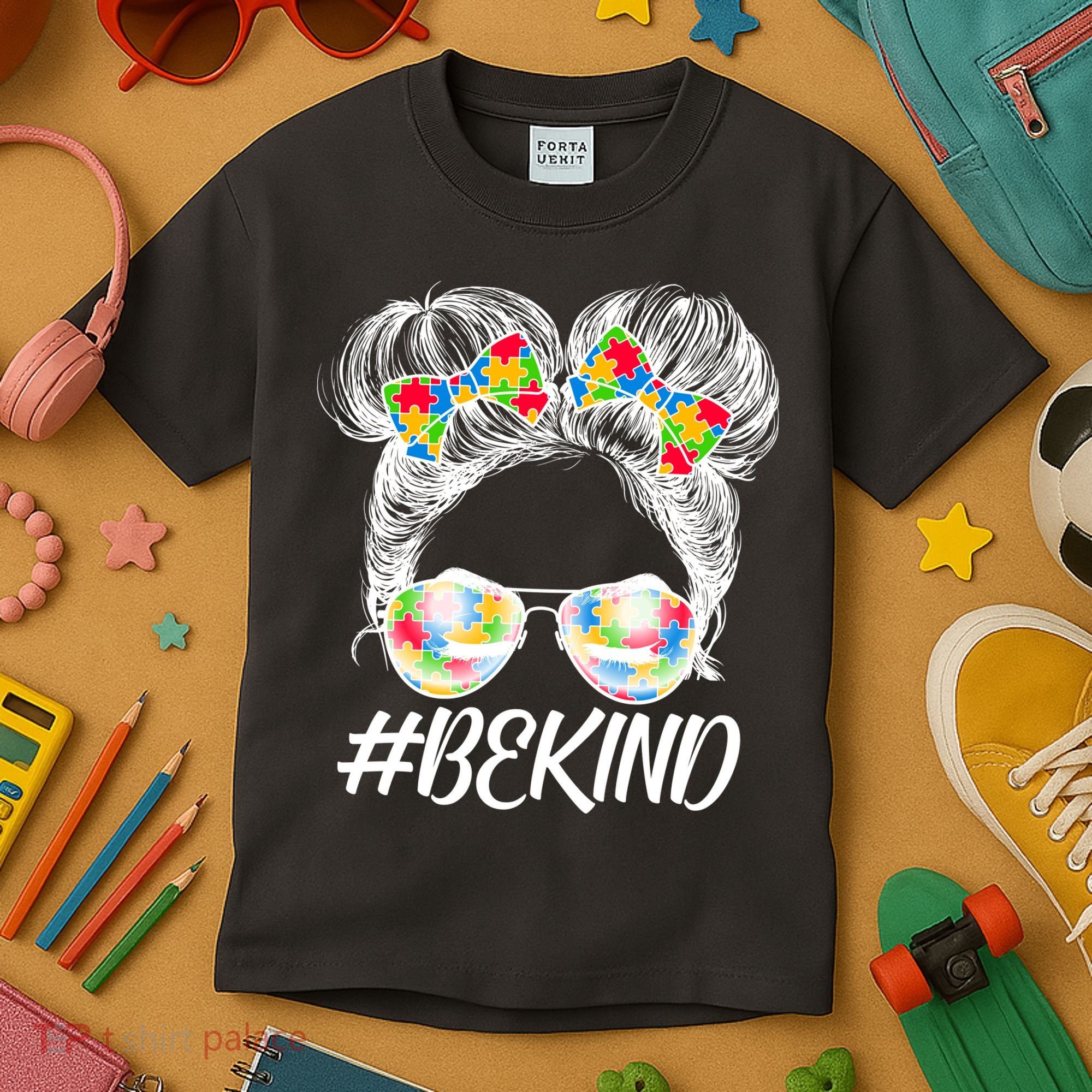 #Be Kind Cute Messy Bun Hair Autism Awareness Kids T-Shirt