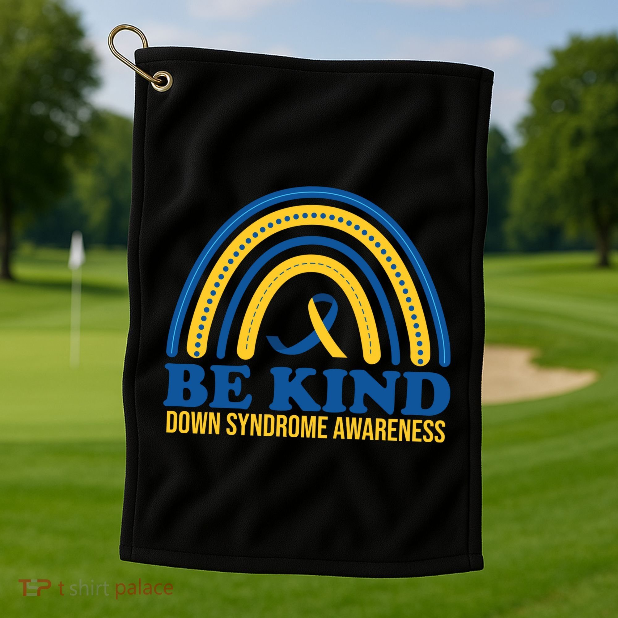 Be Kind Down Syndrome Awareness Rainbow Ribbon Golf Towel