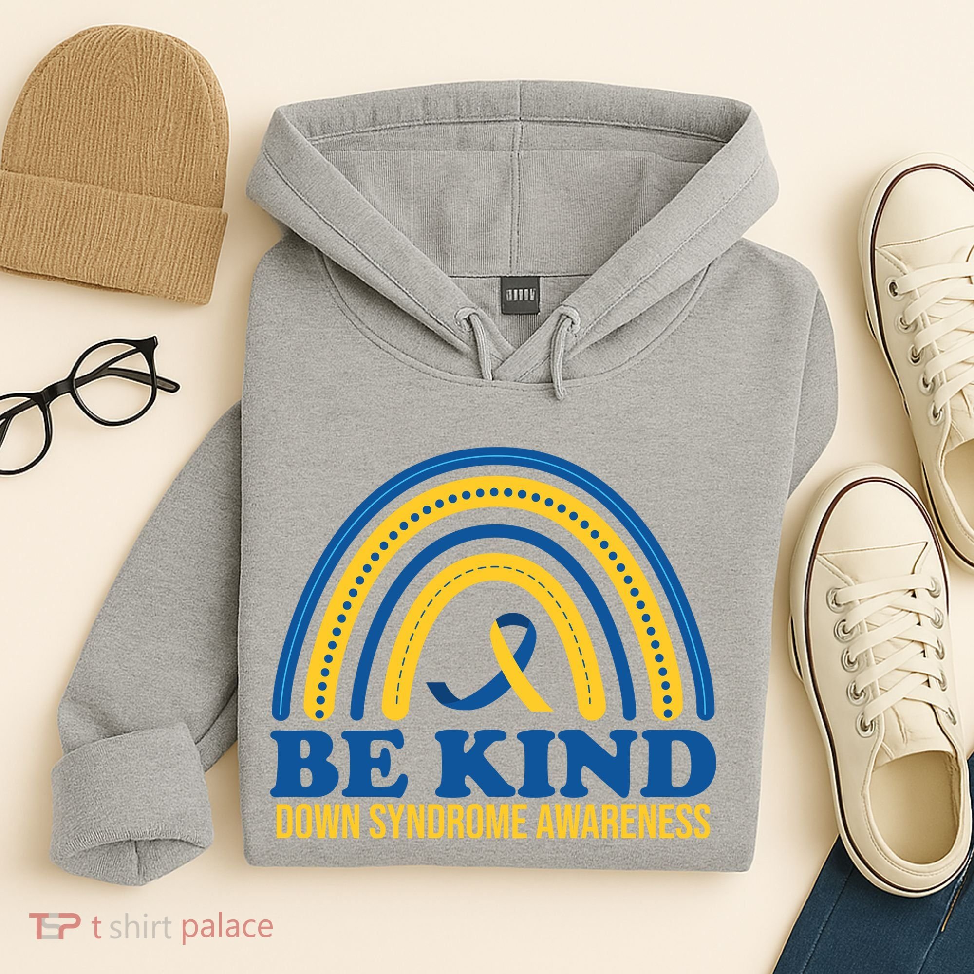 Be Kind Down Syndrome Awareness Rainbow Ribbon Hoodie