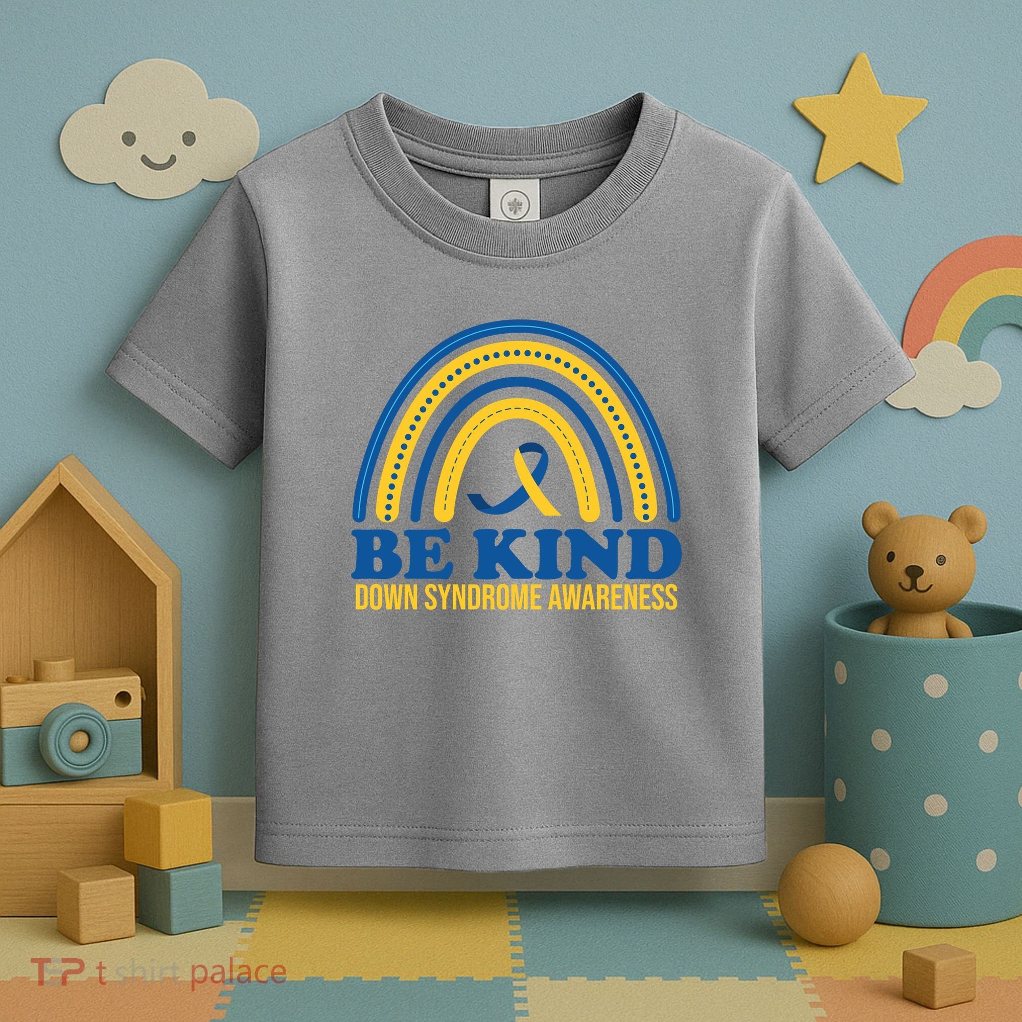 Be Kind Down Syndrome Awareness Rainbow Ribbon Toddler T-Shirt