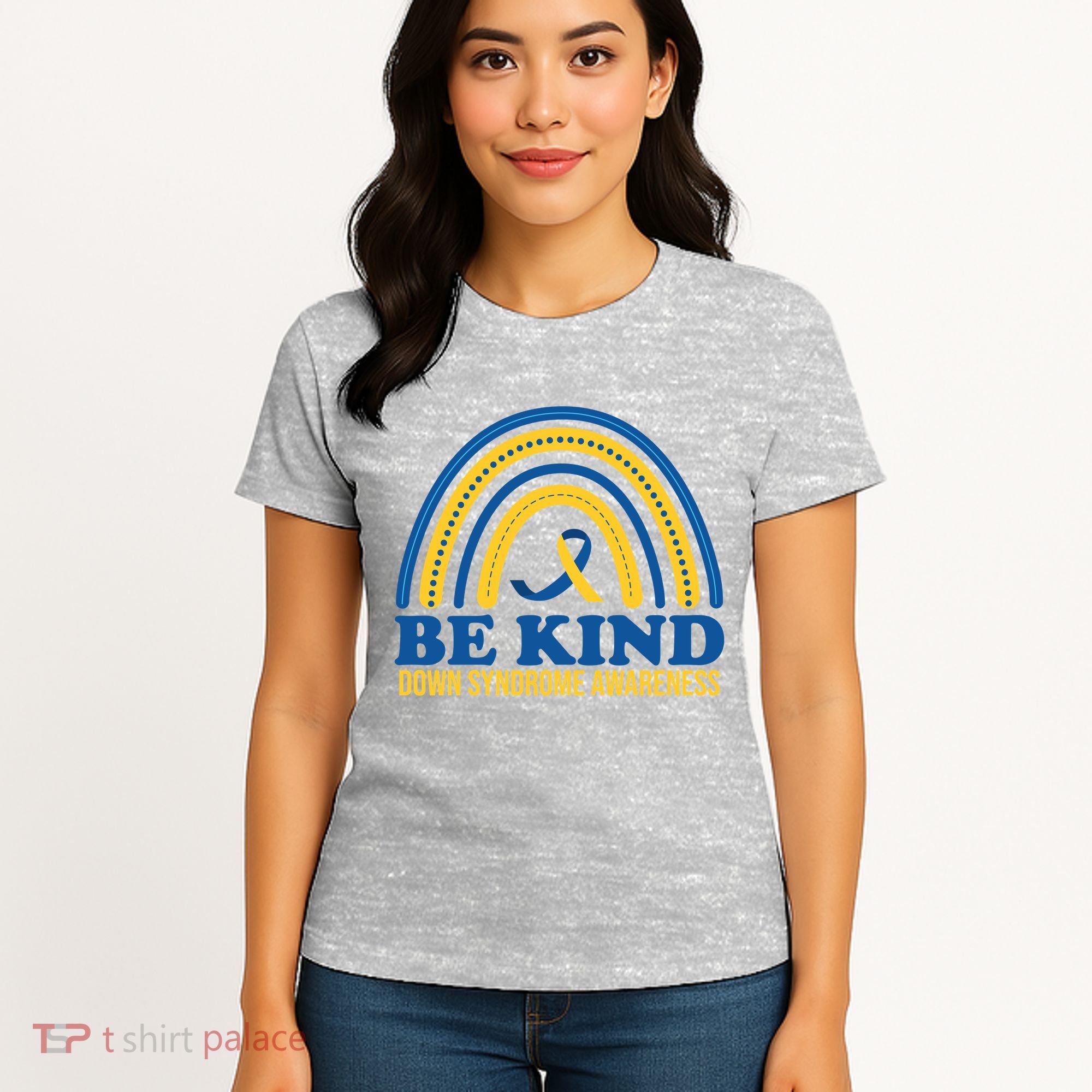 Be Kind Down Syndrome Awareness Rainbow Ribbon Women's T-Shirt
