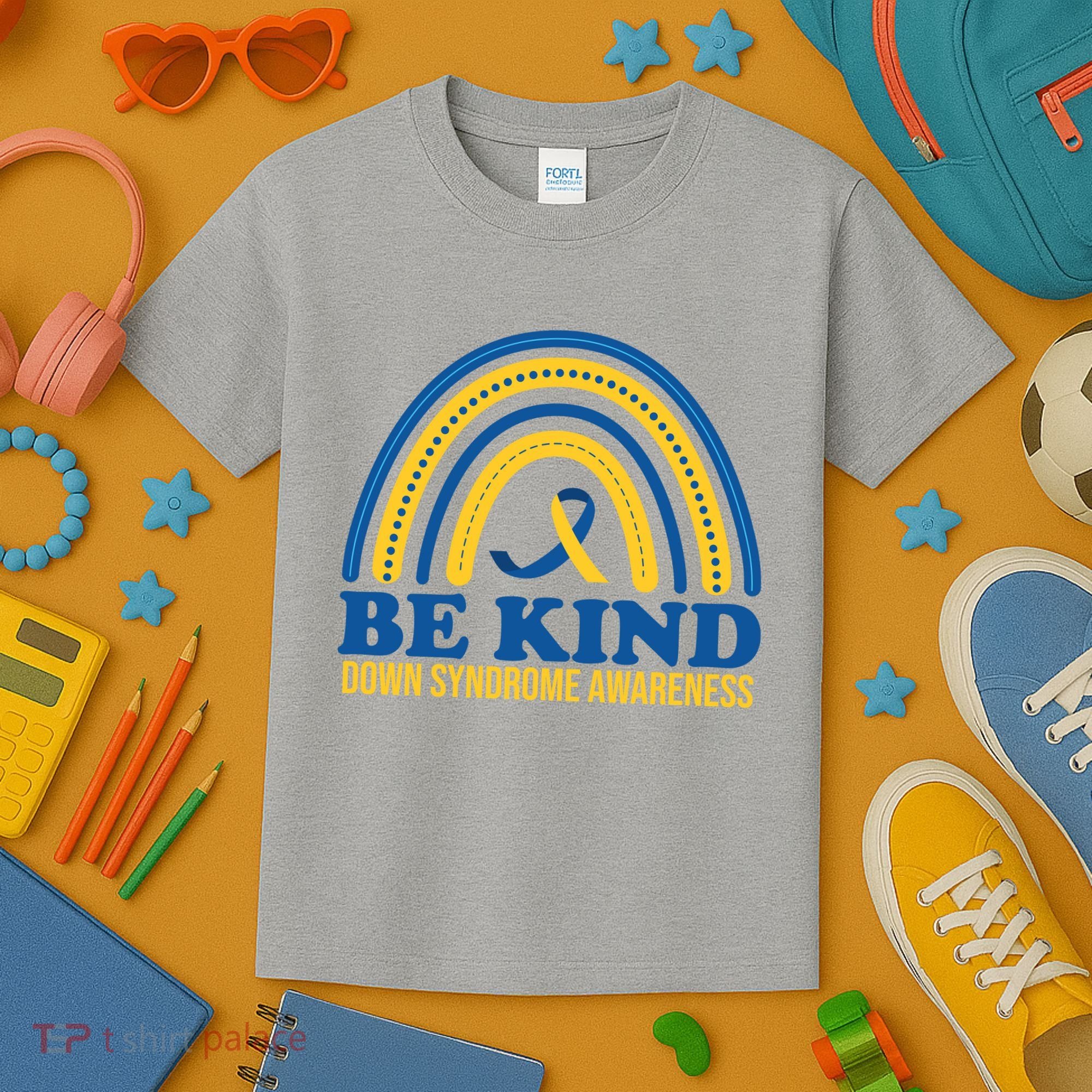 Be Kind Down Syndrome Awareness Rainbow Ribbon Kids T-Shirt