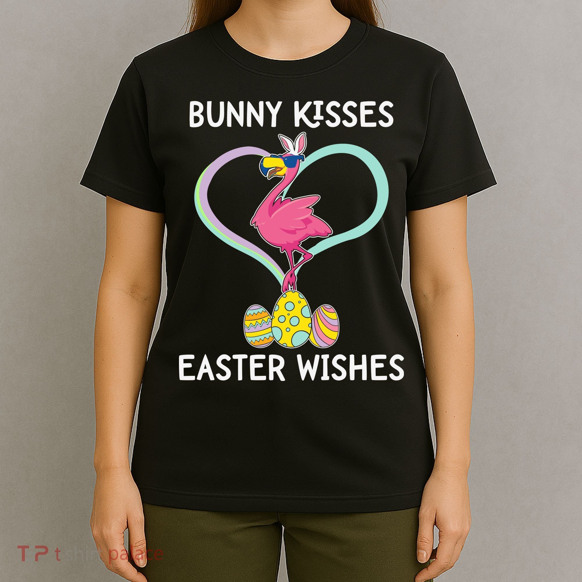Bunny Kisses Easter Wishes Flamingo Happy Easter Day Gift T-Shirt