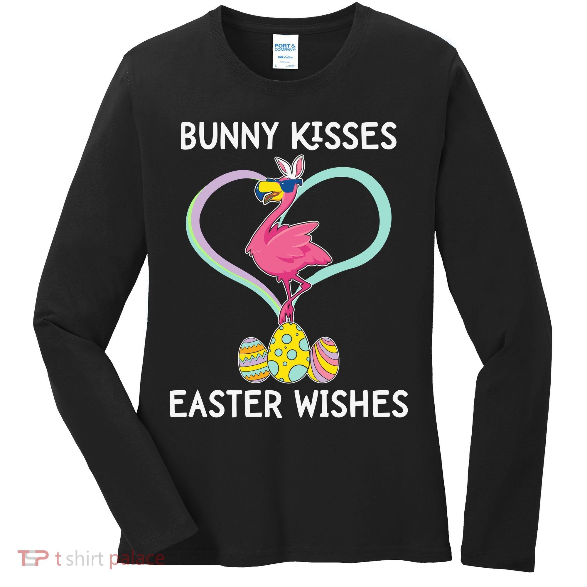 Bunny Kisses Easter Wishes Flamingo Happy Easter Day Gift Women's Long Sleeve Shirt