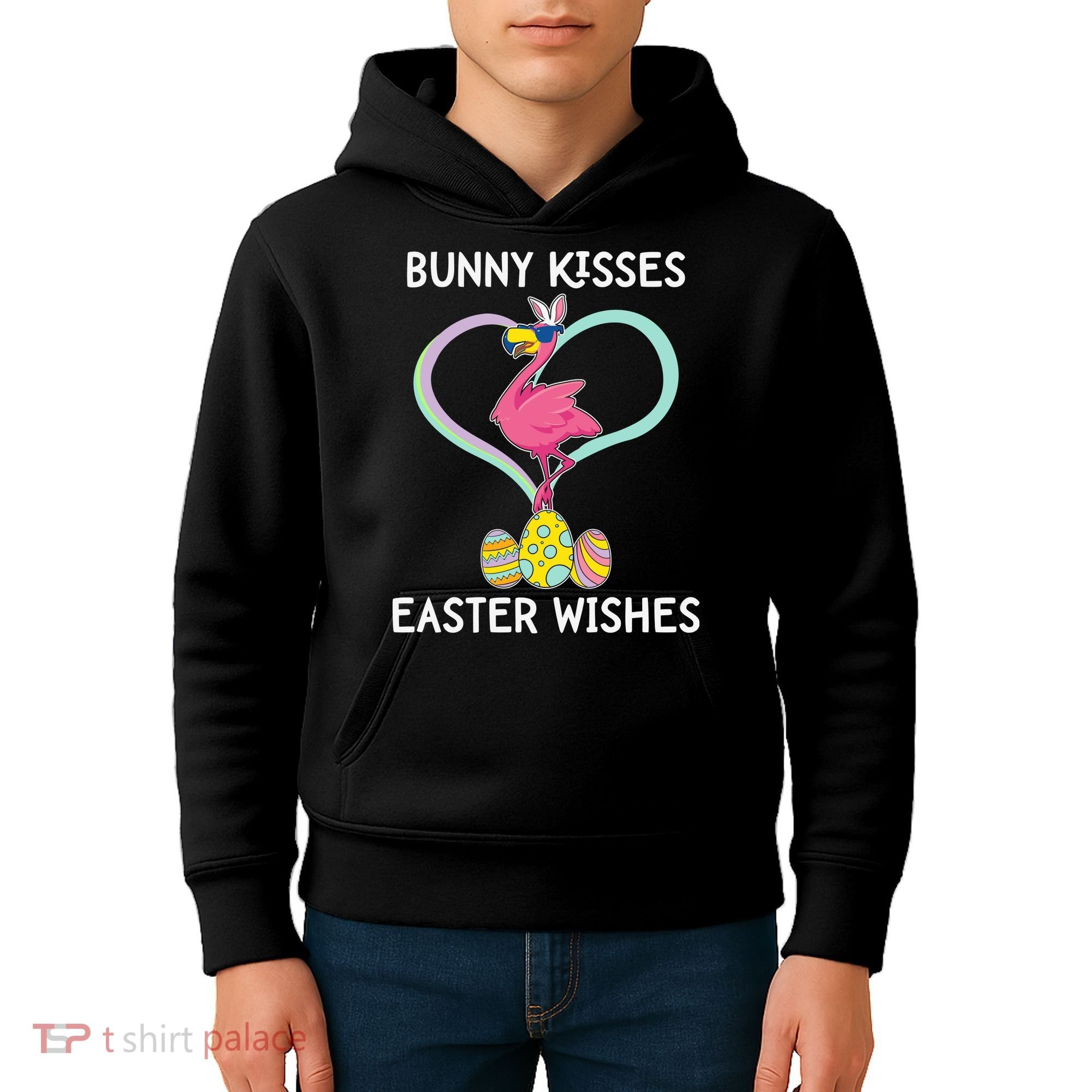 Bunny Kisses Easter Wishes Flamingo Happy Easter Day Gift Kids Hoodie