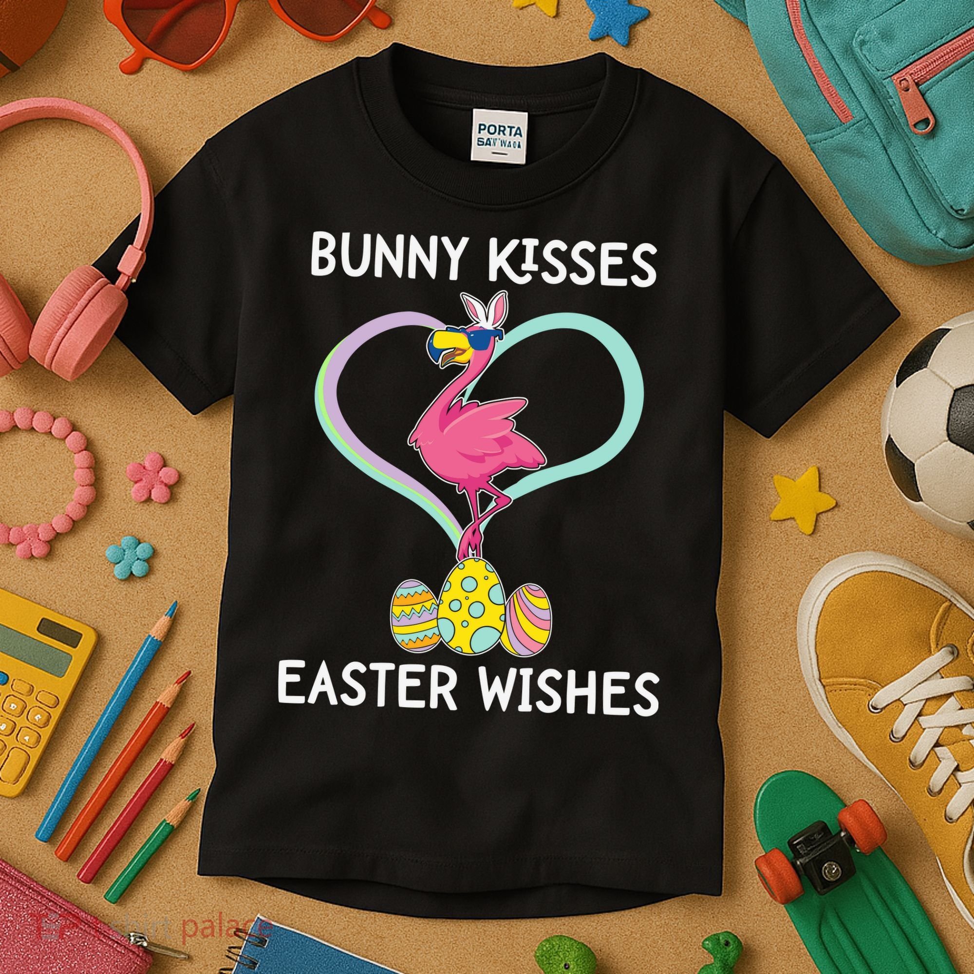 Bunny Kisses Easter Wishes Flamingo Happy Easter Day Gift Kids T-Shirt