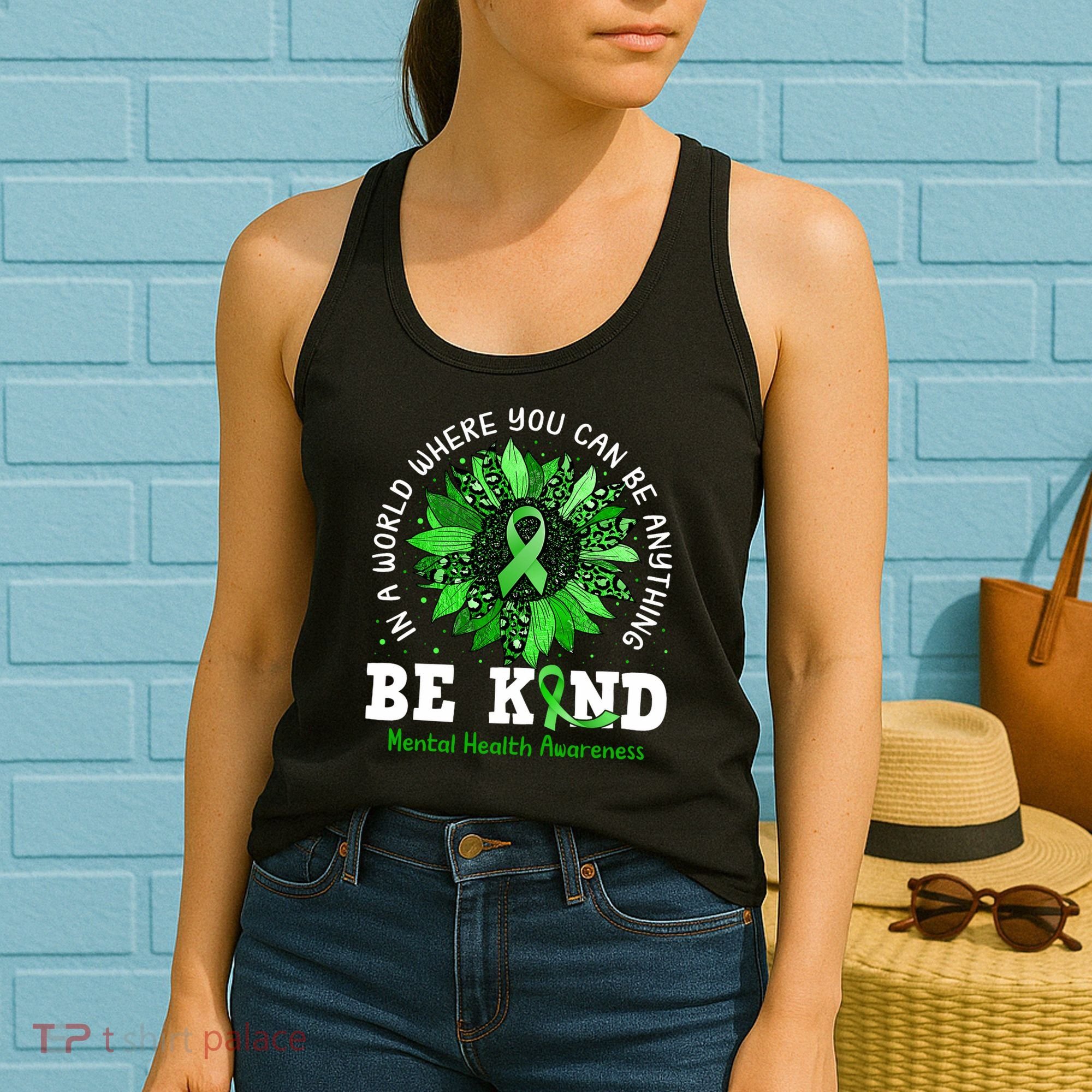 Be Kind Green Ribbon Sunflower Mental Health Awareness  Women's Tank Top