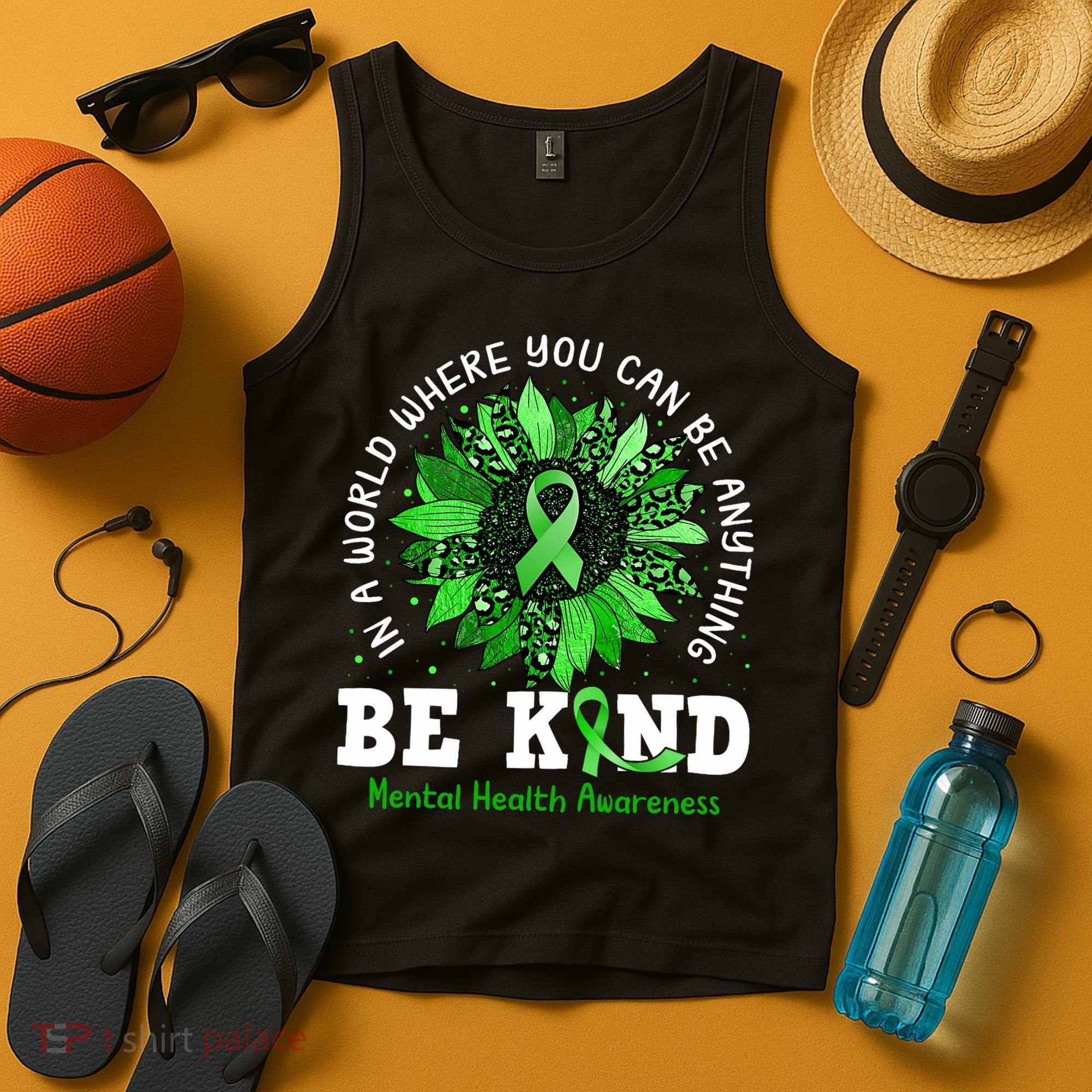 Be Kind Green Ribbon Sunflower Mental Health Awareness  Tank Top