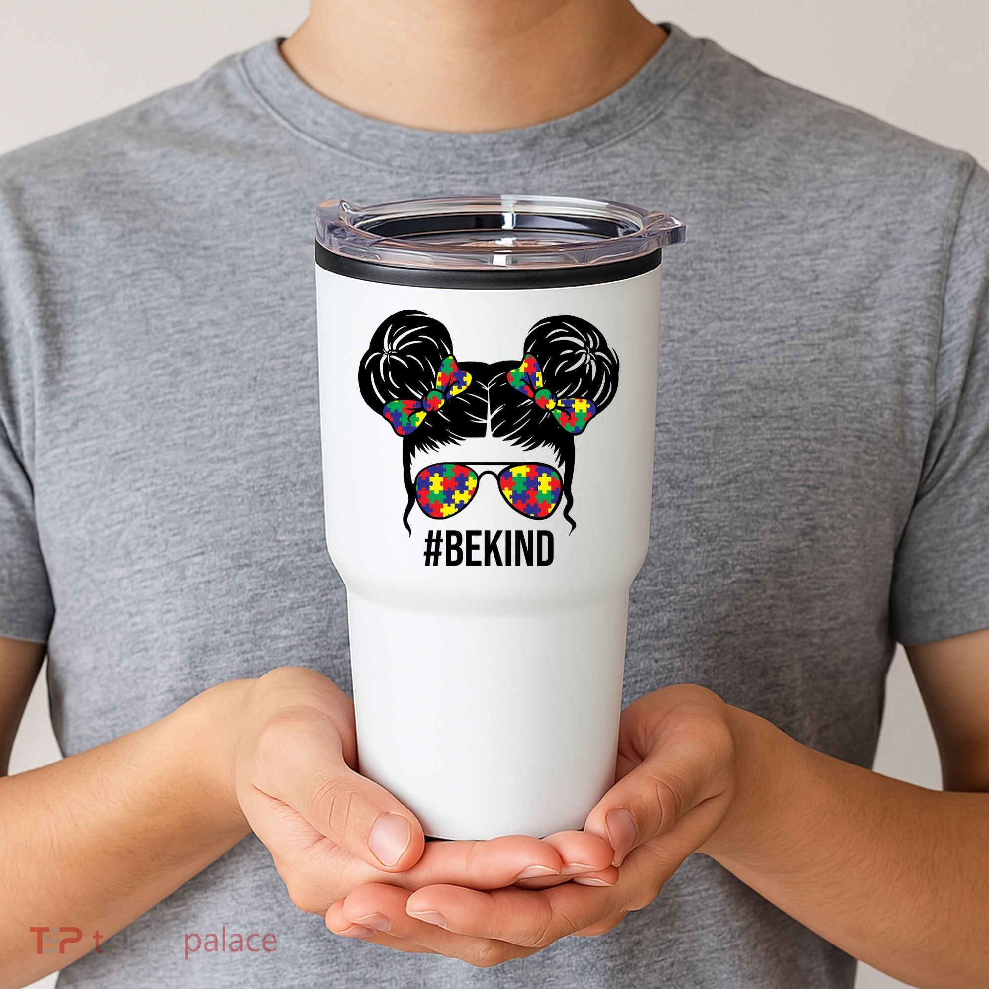 Be Kind Messy Bun Autism Awareness Tumbler