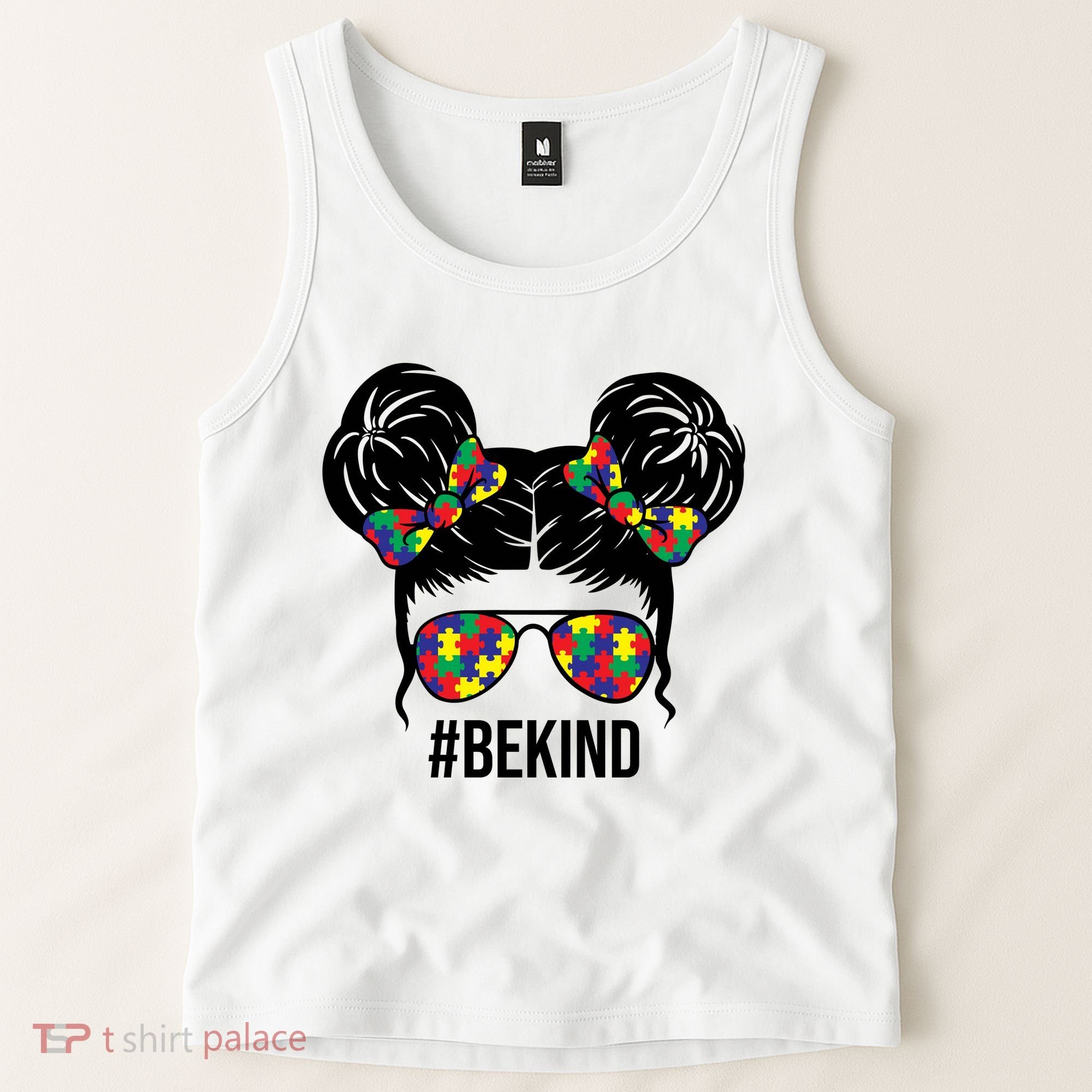Be Kind Messy Bun Autism Awareness Tank Top