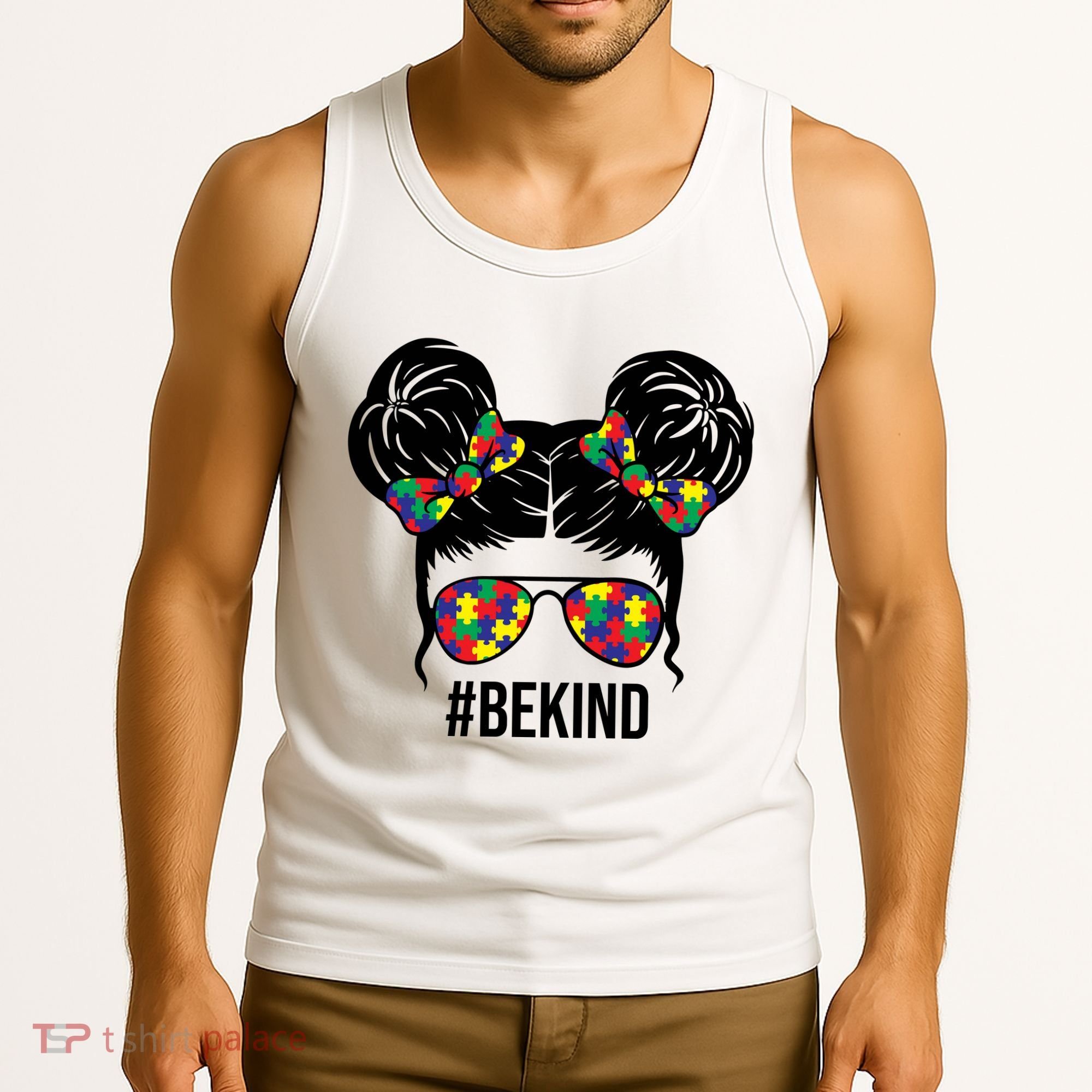 Be Kind Messy Bun Autism Awareness Tank Top