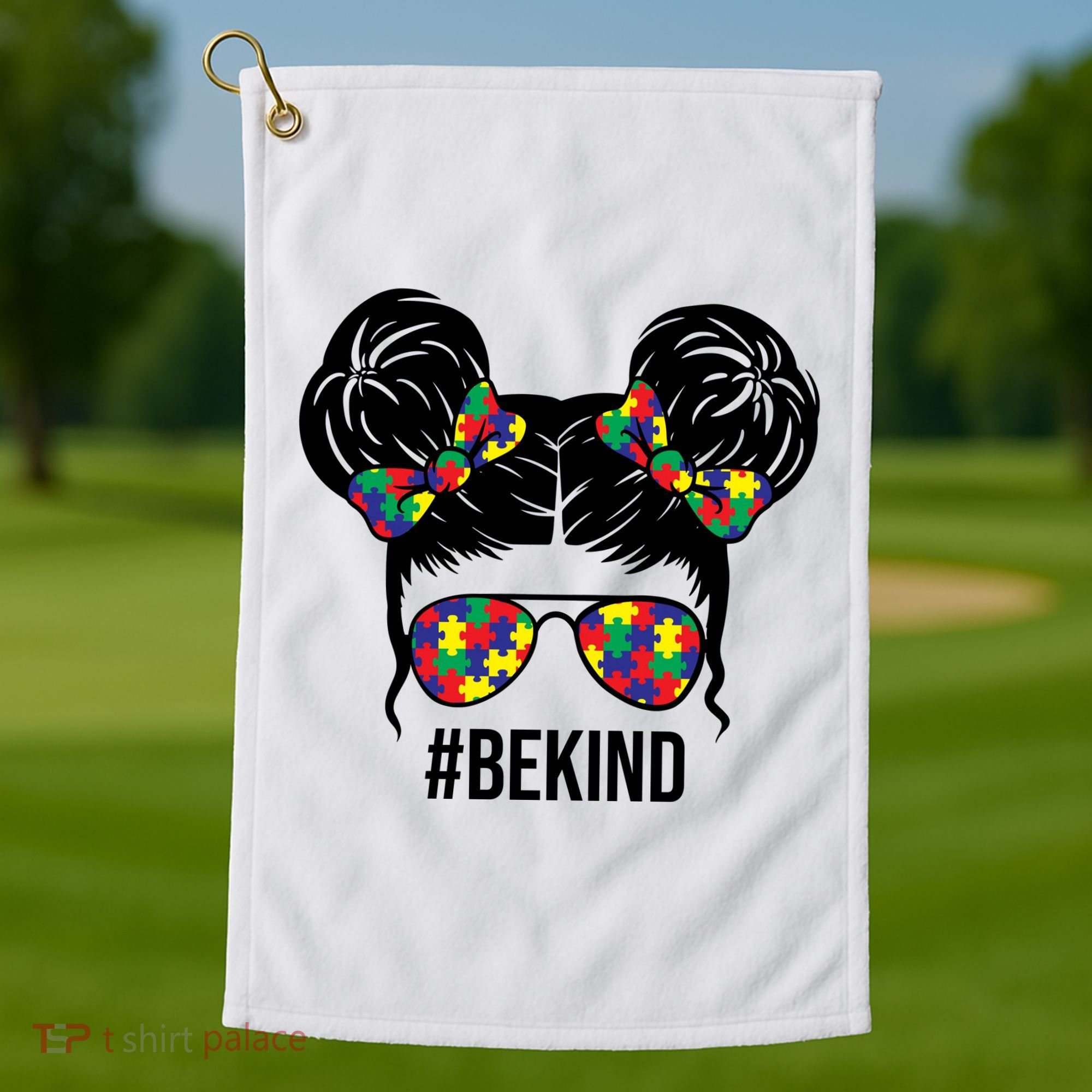 Be Kind Messy Bun Autism Awareness Golf Towel