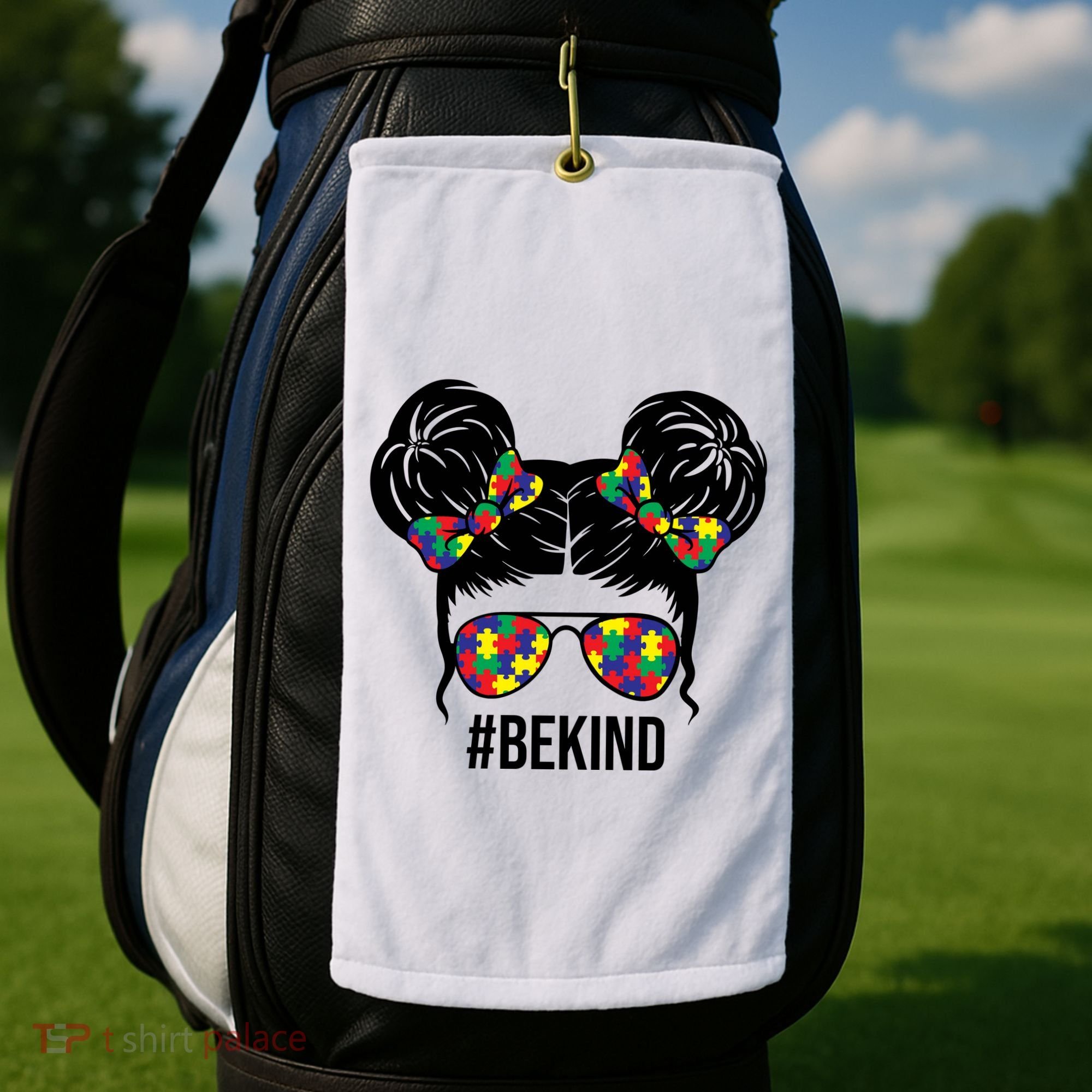 Be Kind Messy Bun Autism Awareness Golf Towel