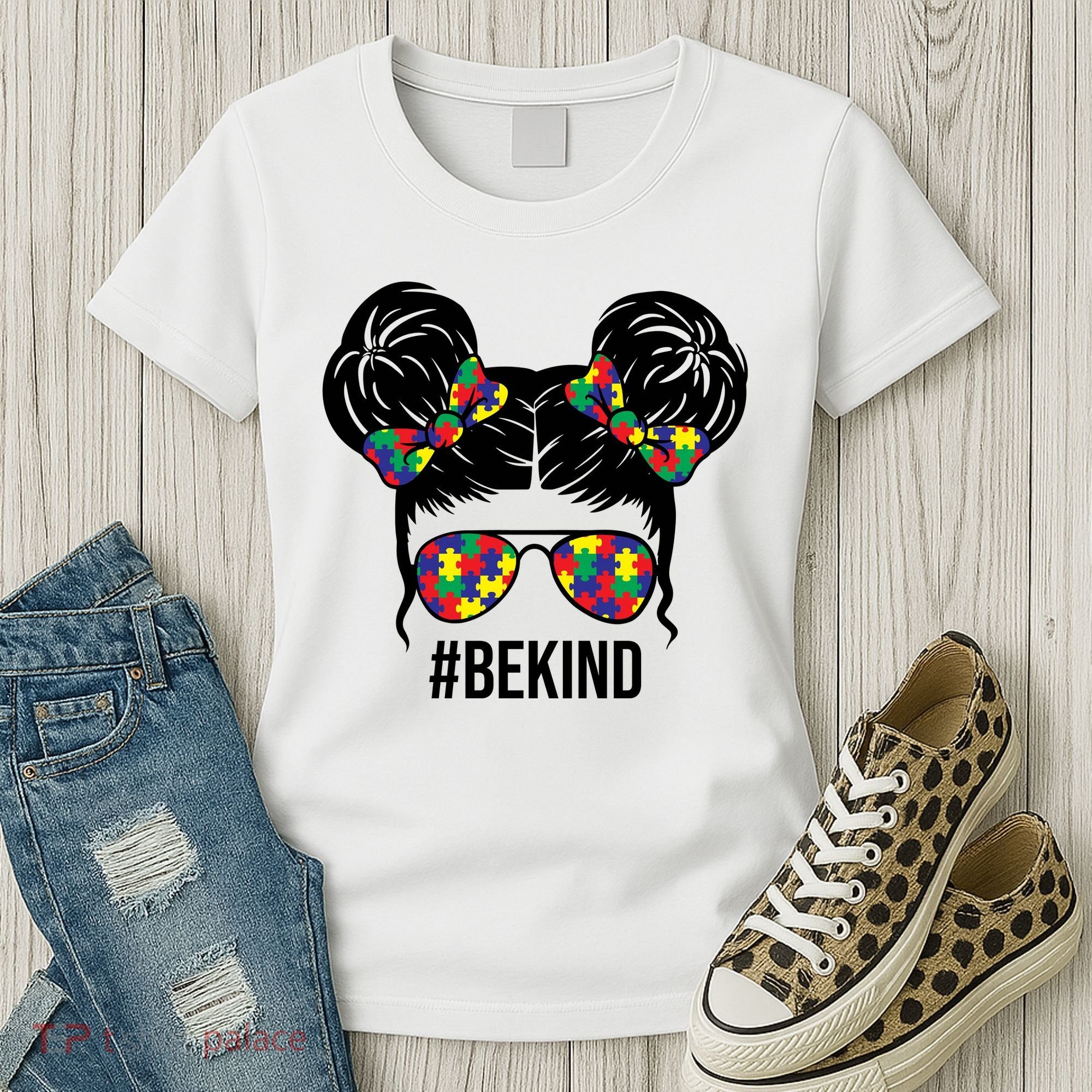 Be Kind Messy Bun Autism Awareness Women's T-Shirt