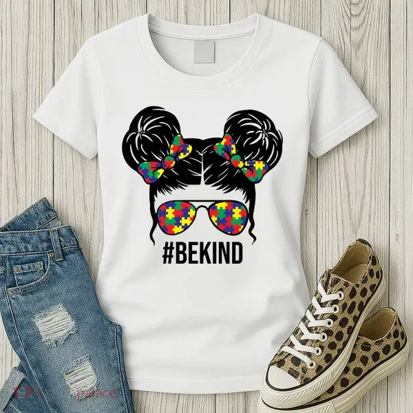 Be Kind Messy Bun Autism Awareness Women's T-Shirt