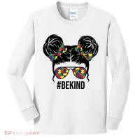 Be Kind Messy Bun Autism Awareness Kids Long Sleeve Shirt thumb 0