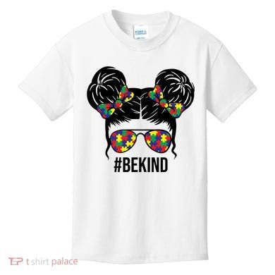 Be Kind Messy Bun Autism Awareness Kids T-Shirt