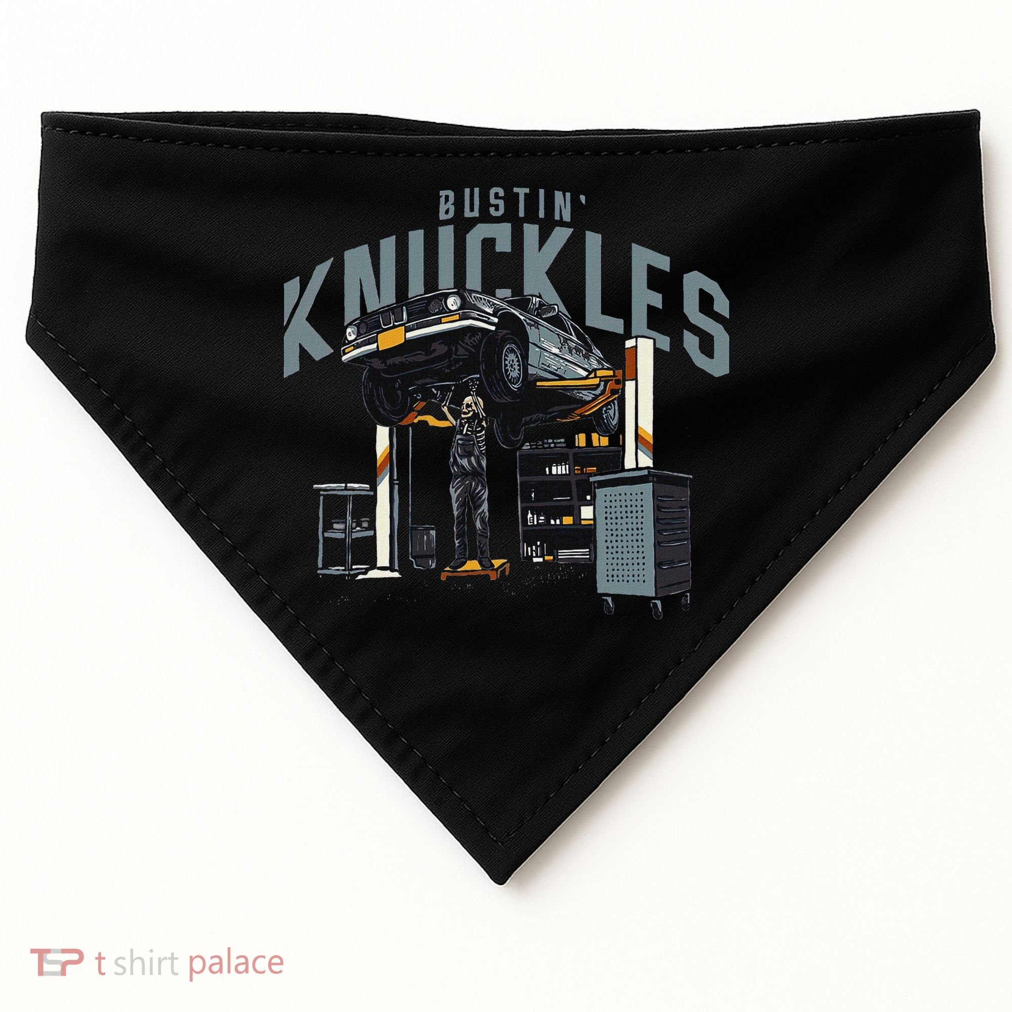 Bustin Knuckles Skeleton Auto Mechanic Humor USA-Made Doggie Bandana